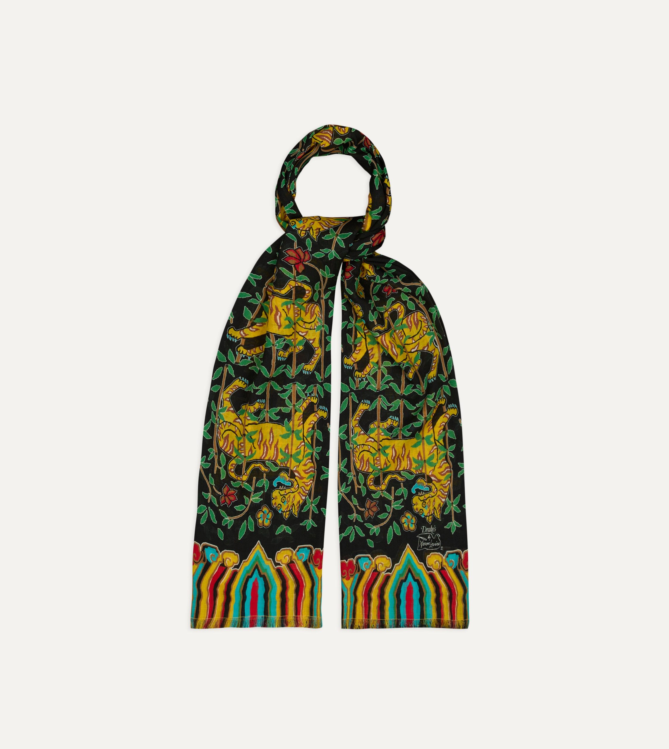 Drake's by A. Levine Black Tigers Print Tubular Wool Silk Scarf - Image 4