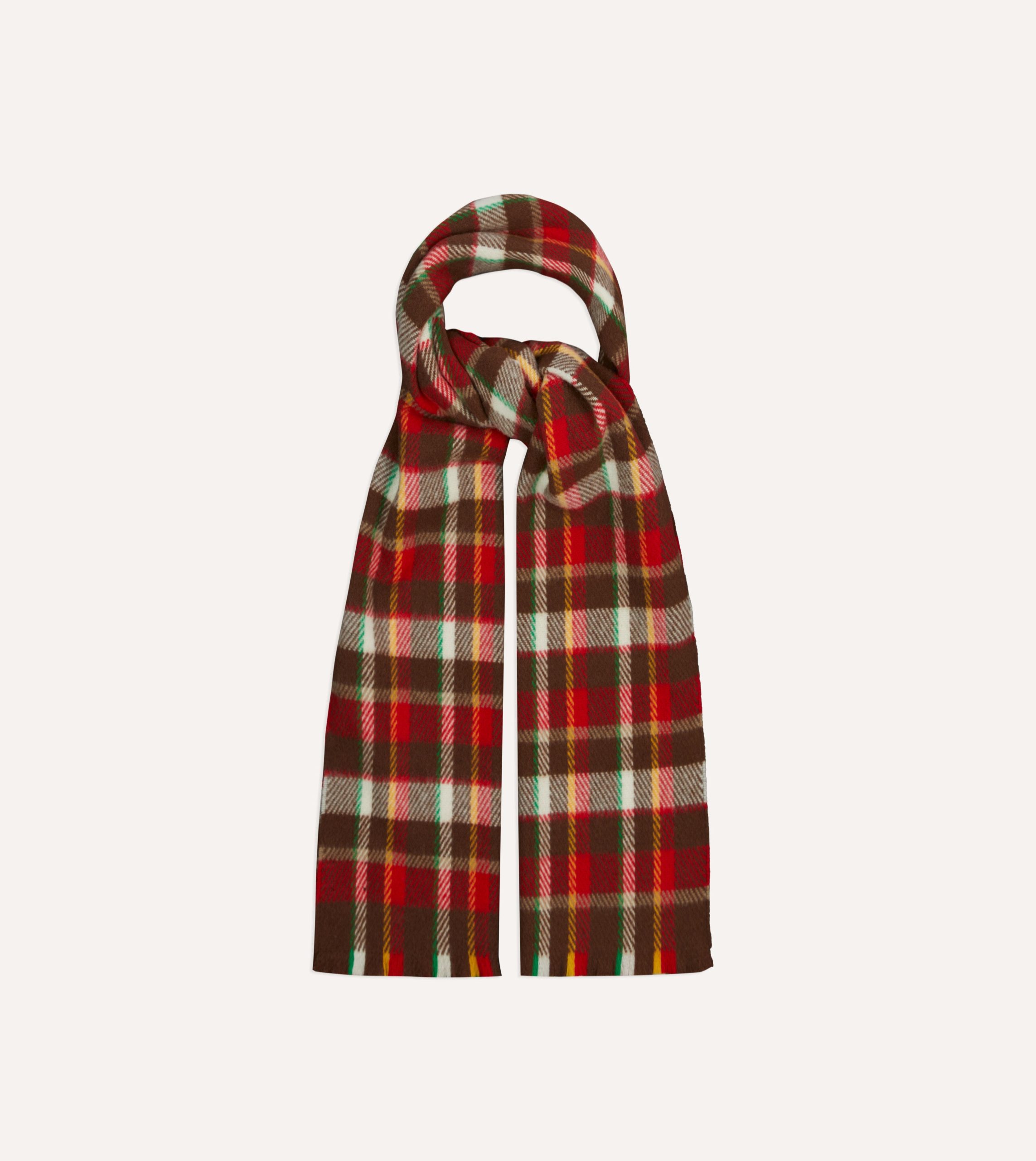 Red. Brown and Ecru Tartan Check Wool Scarf - Image 4