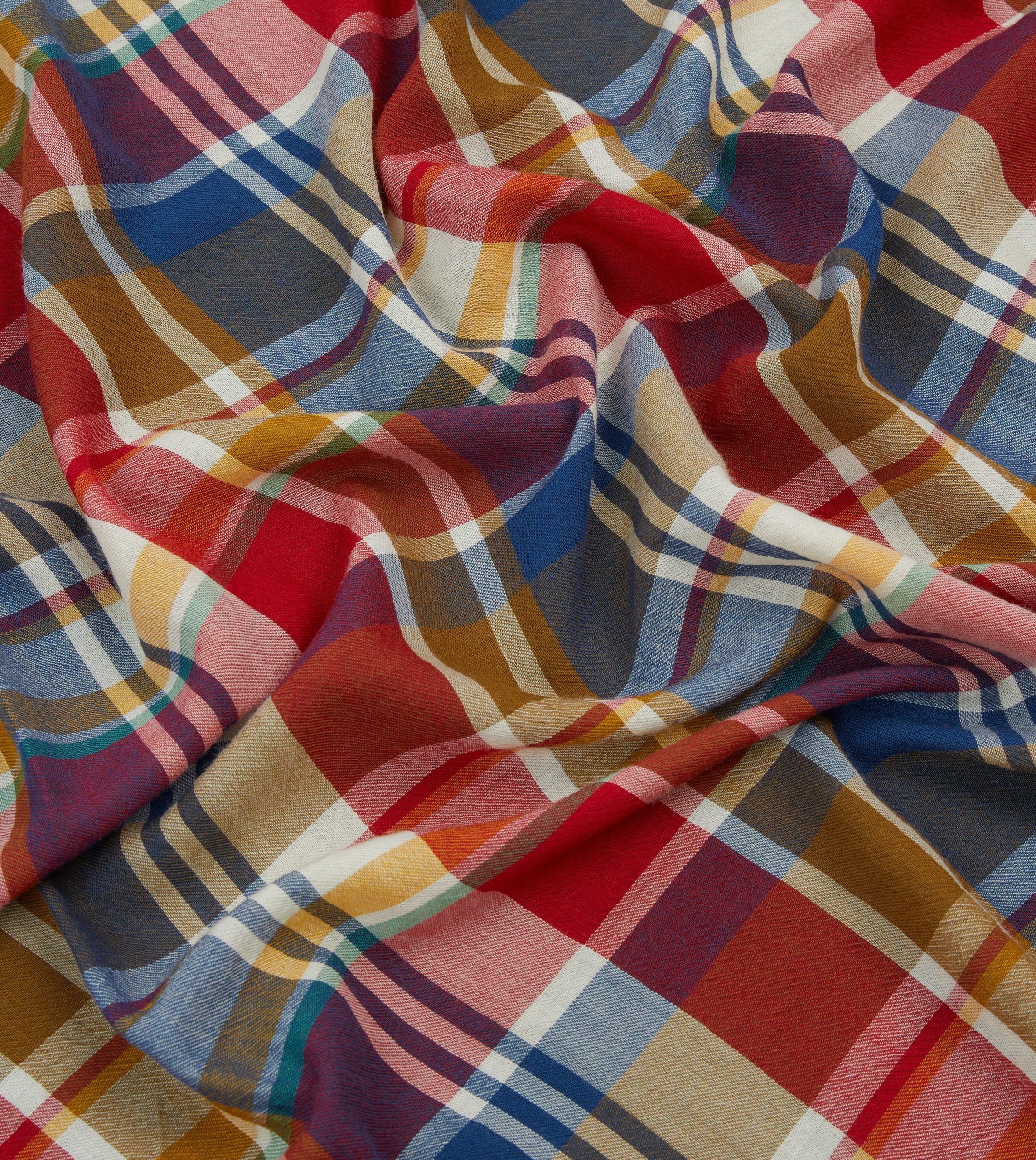 Red. Blue and Yellow Tartan Check Worsted Wool Scarf - Image 2