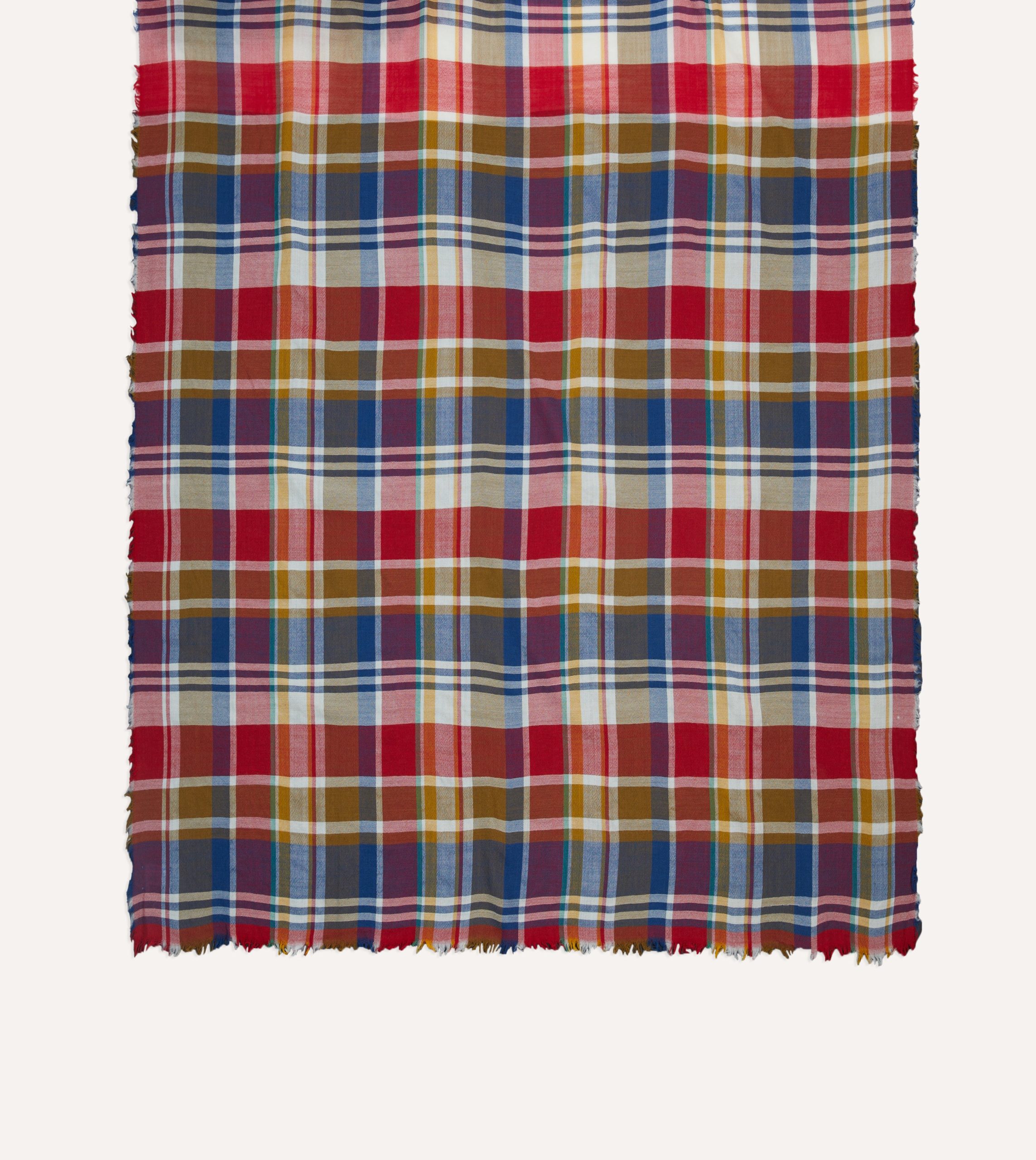 Red. Blue and Yellow Tartan Check Worsted Wool Scarf - Image 3