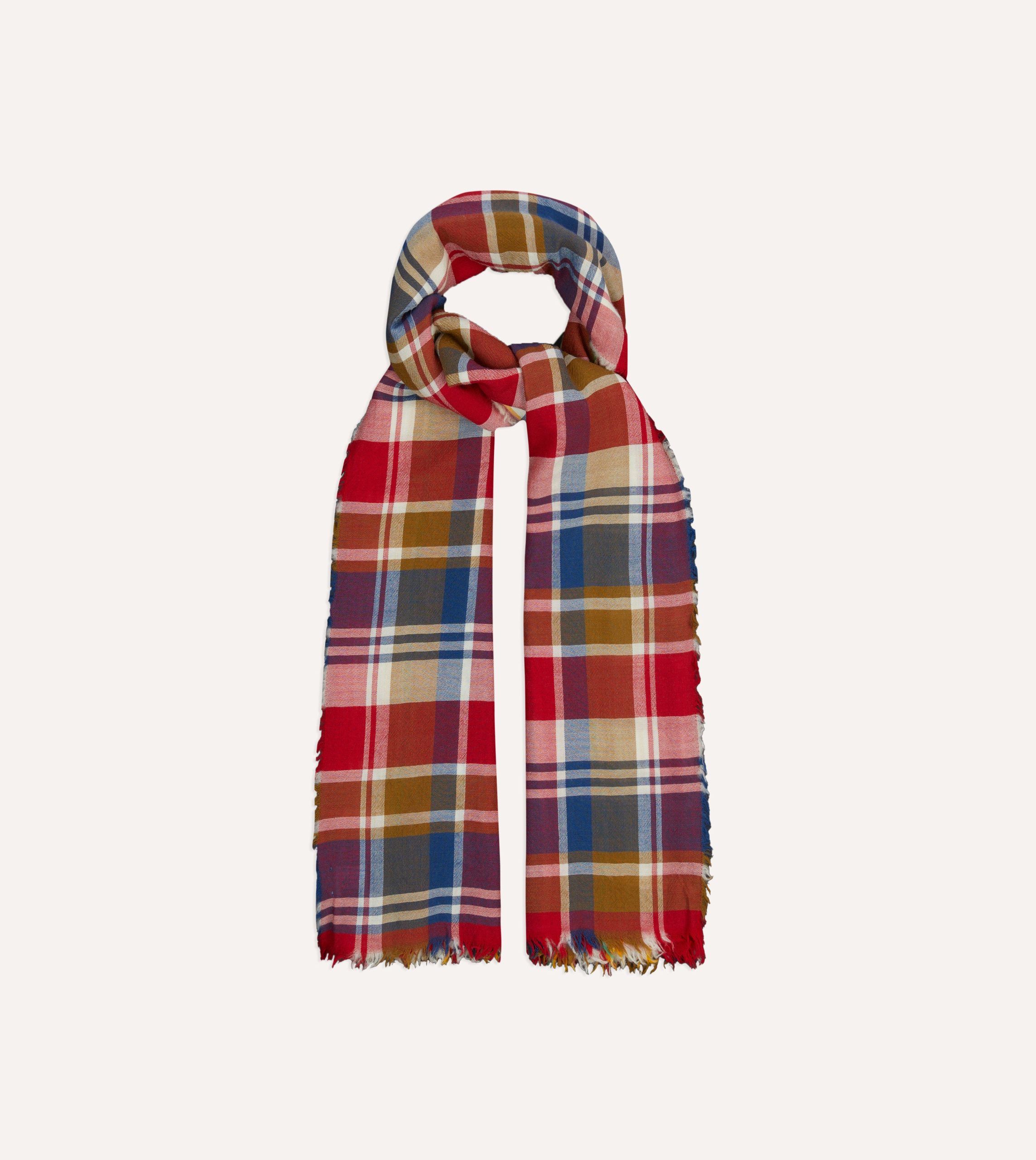 Red. Blue and Yellow Tartan Check Worsted Wool Scarf - Image 4