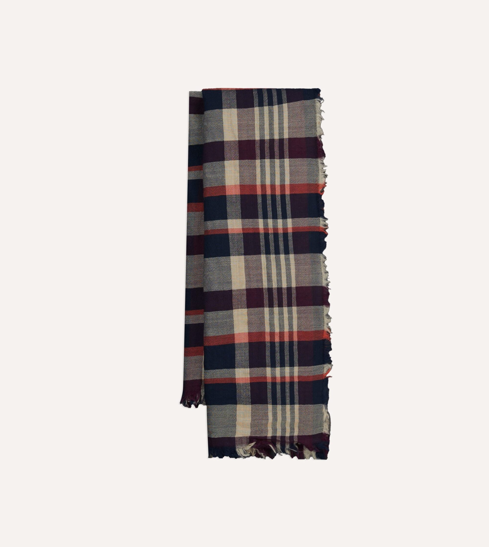 Navy. Red and Ecru Tartan Check Worsted Wool Scarf