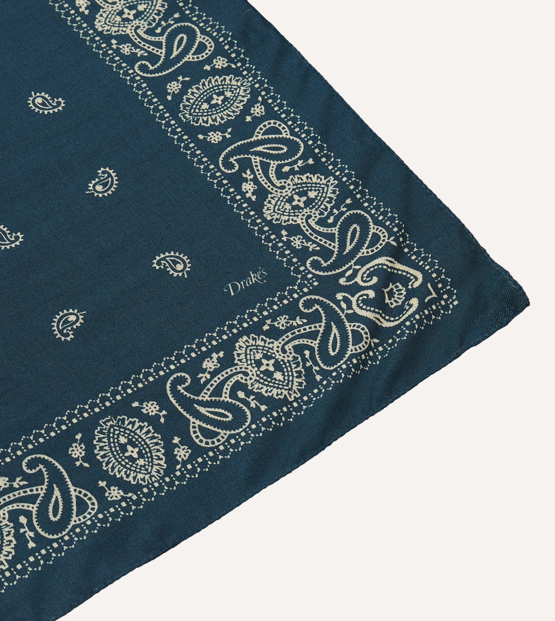 Navy Trad Paisley Print Wool-Silk Bandana - Image 3