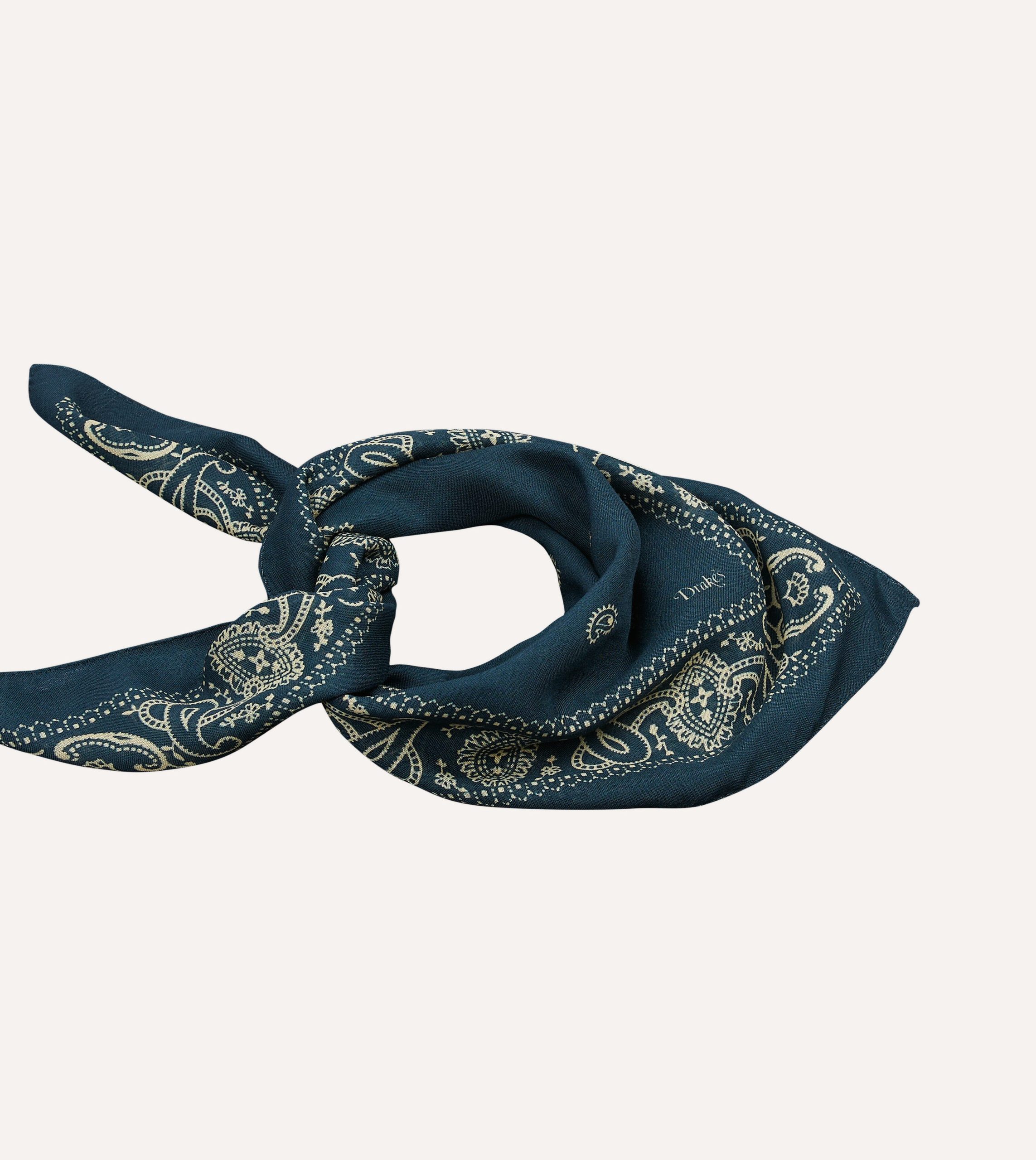 Navy Trad Paisley Print Wool-Silk Bandana - Image 4