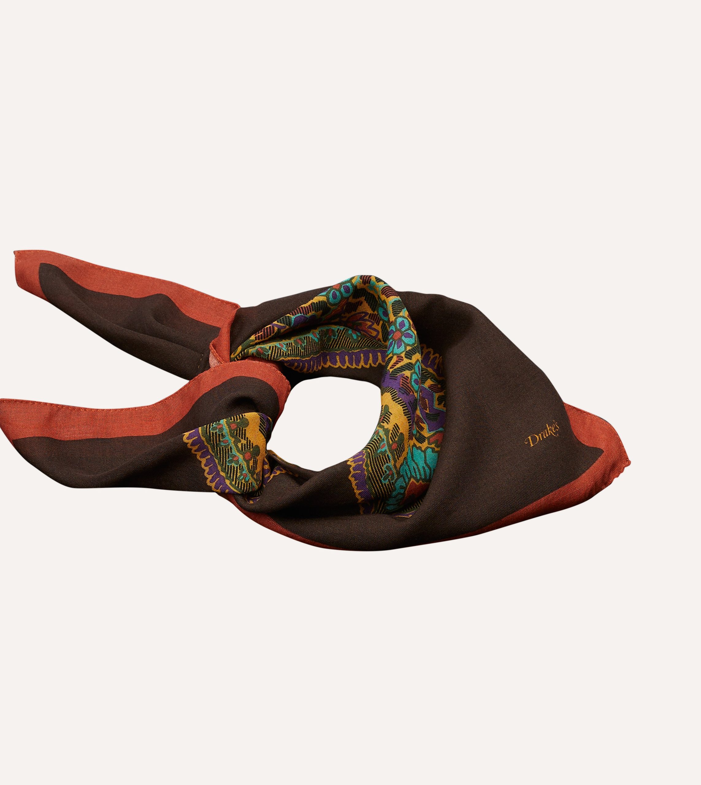 Brown Large Paisley Print Wool-Silk Bandana - Image 5