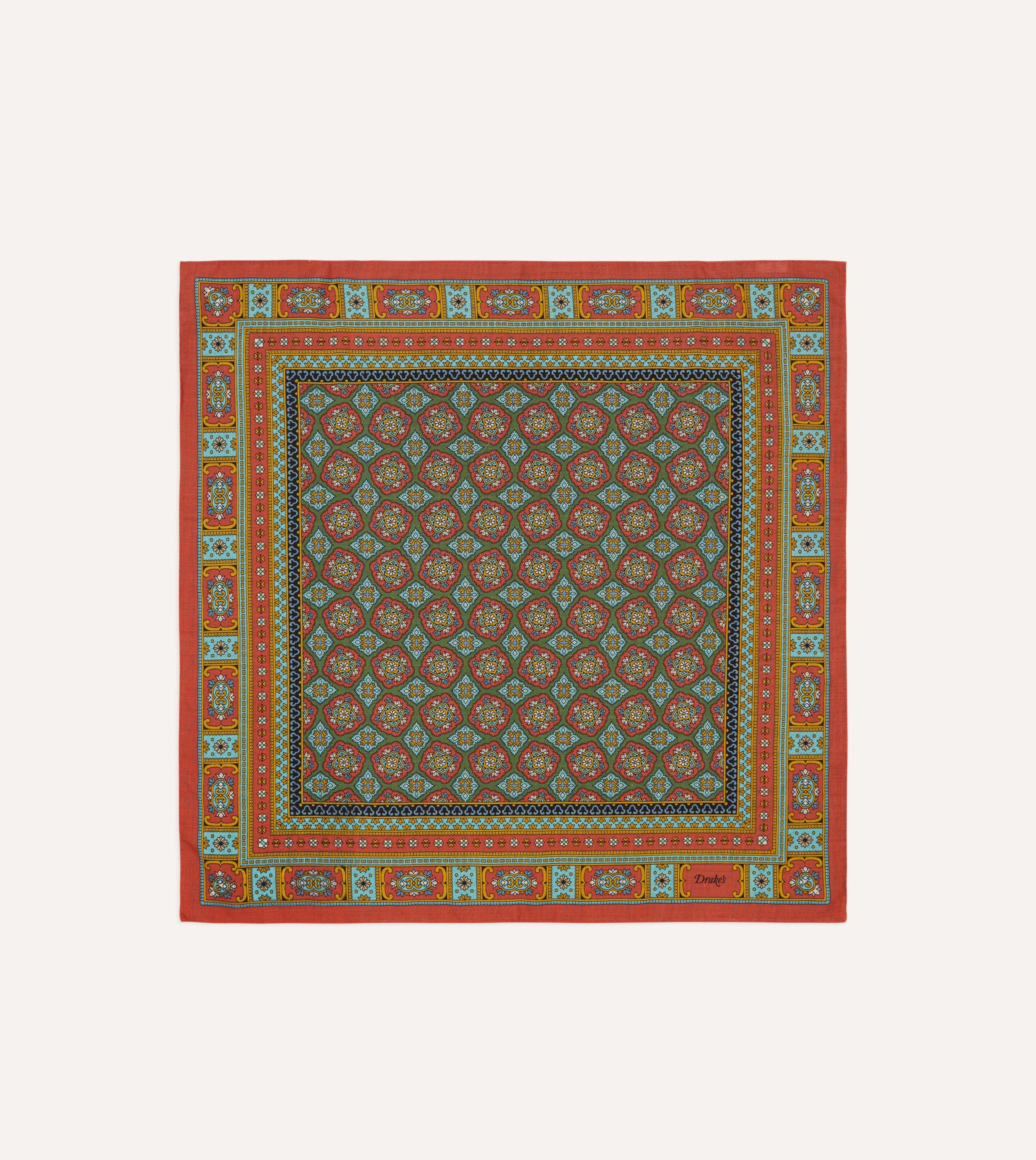 Red. Blue and Gold Floral Medallion Print Wool-Silk Bandana