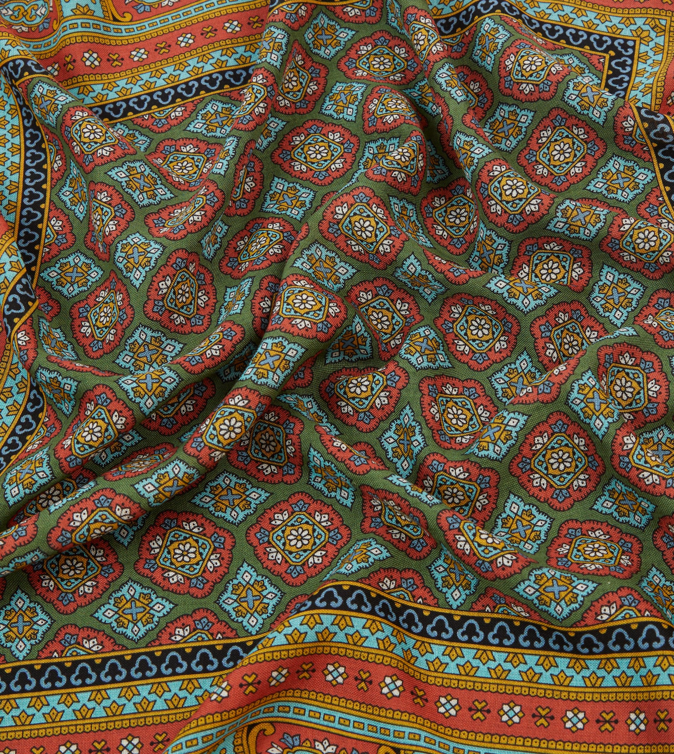 Red. Blue and Gold Floral Medallion Print Wool-Silk Bandana - Image 2