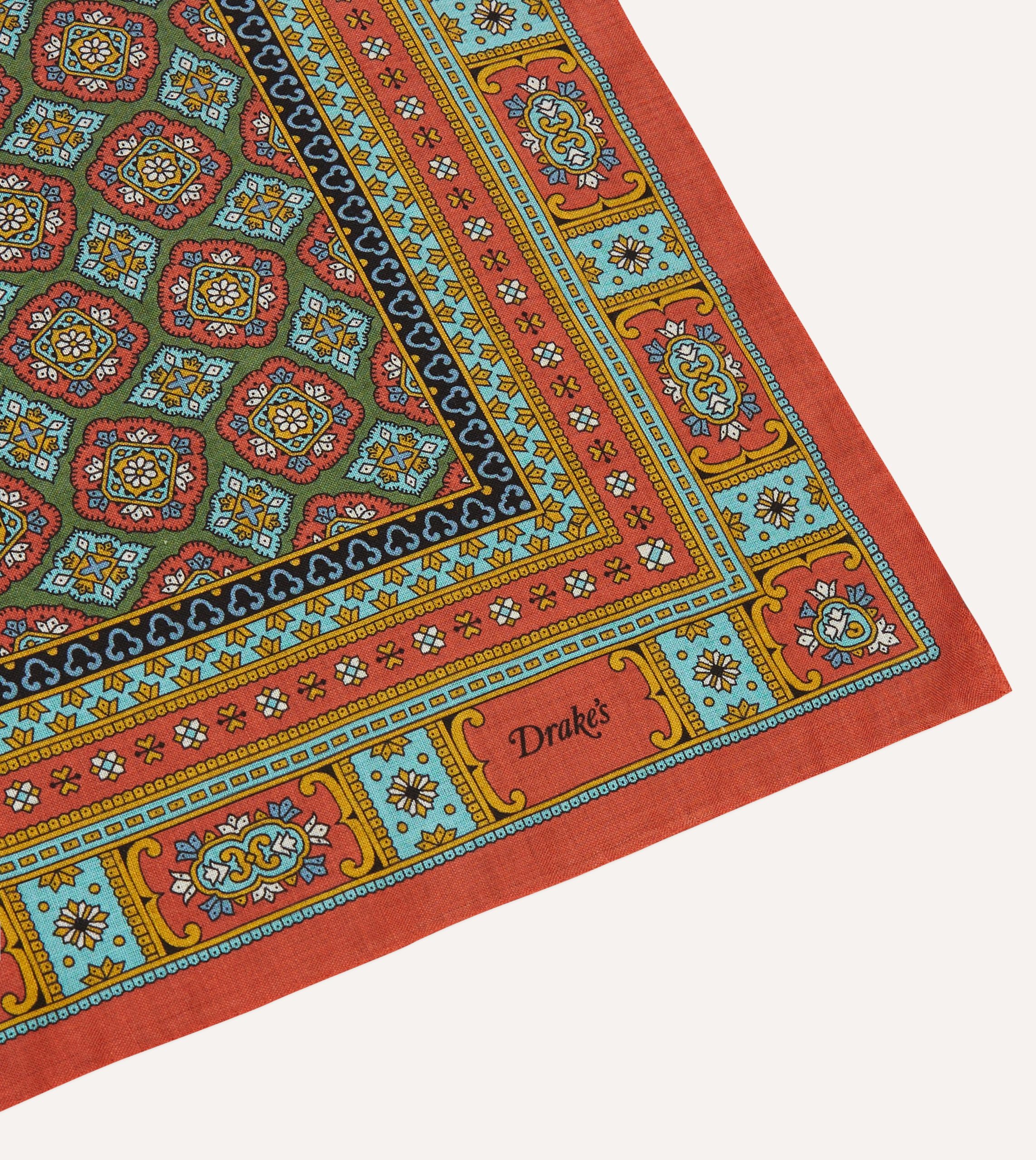 Red. Blue and Gold Floral Medallion Print Wool-Silk Bandana - Image 3