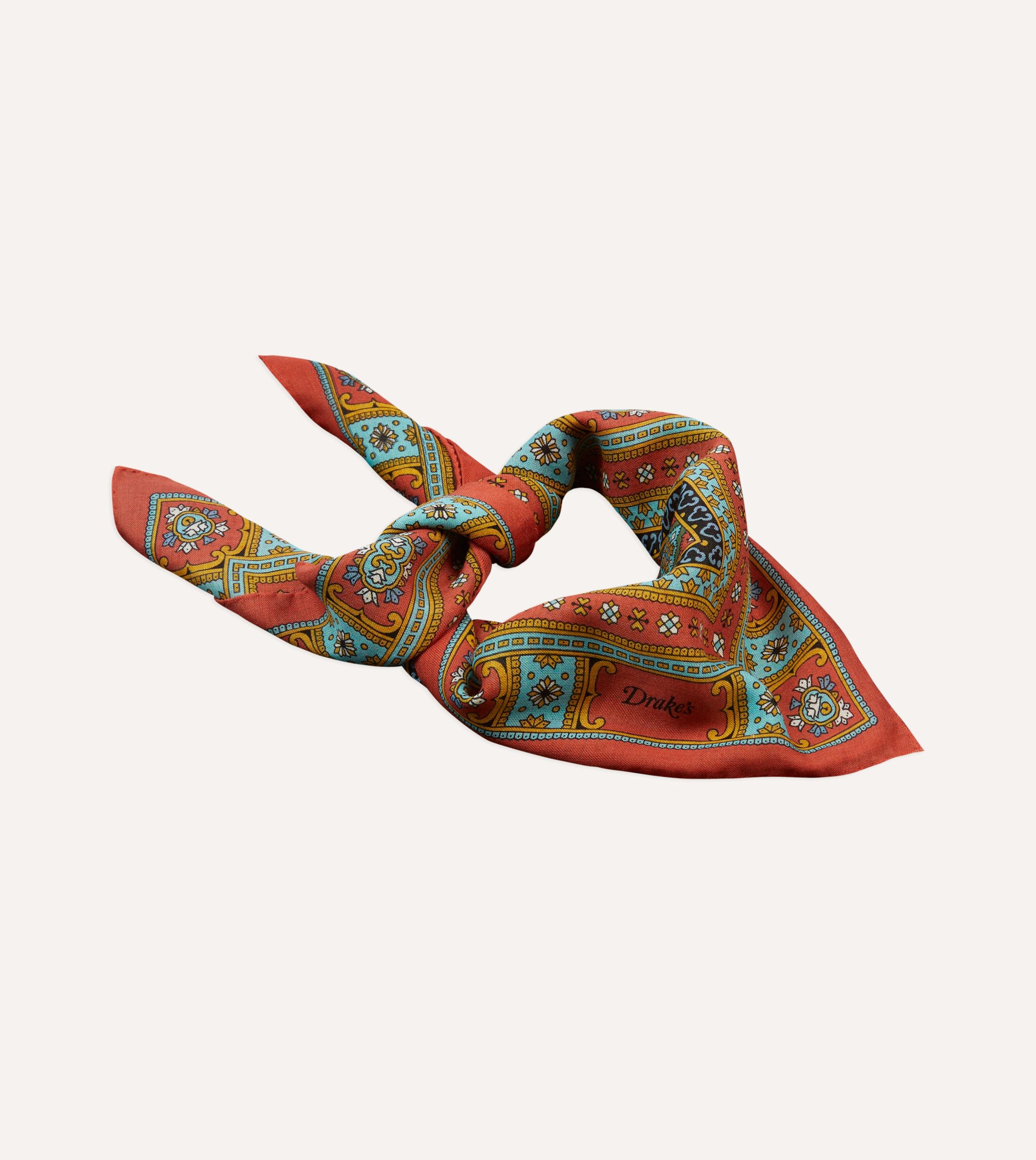 Red. Blue and Gold Floral Medallion Print Wool-Silk Bandana - Image 4