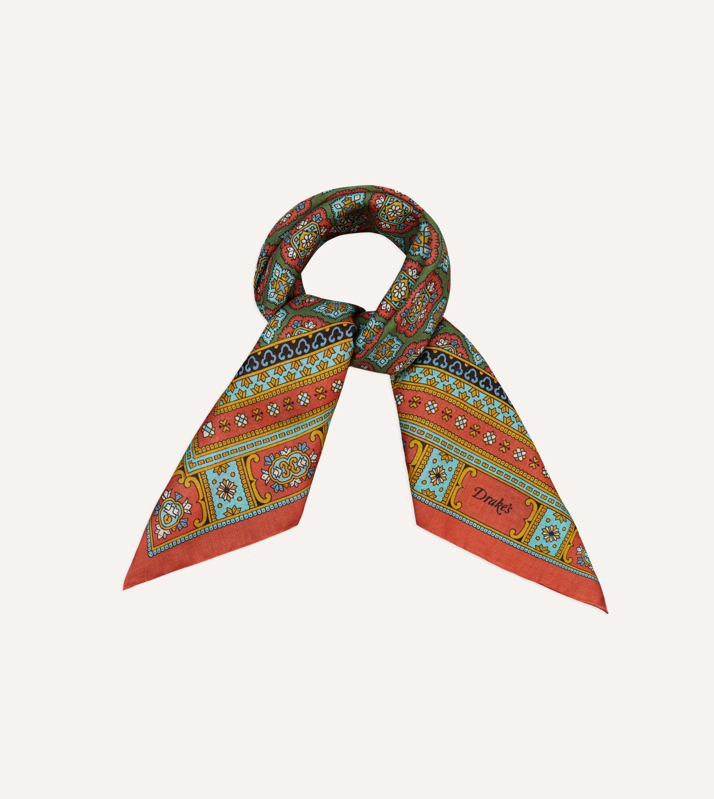 Red. Blue and Gold Floral Medallion Print Wool-Silk Bandana - Image 5