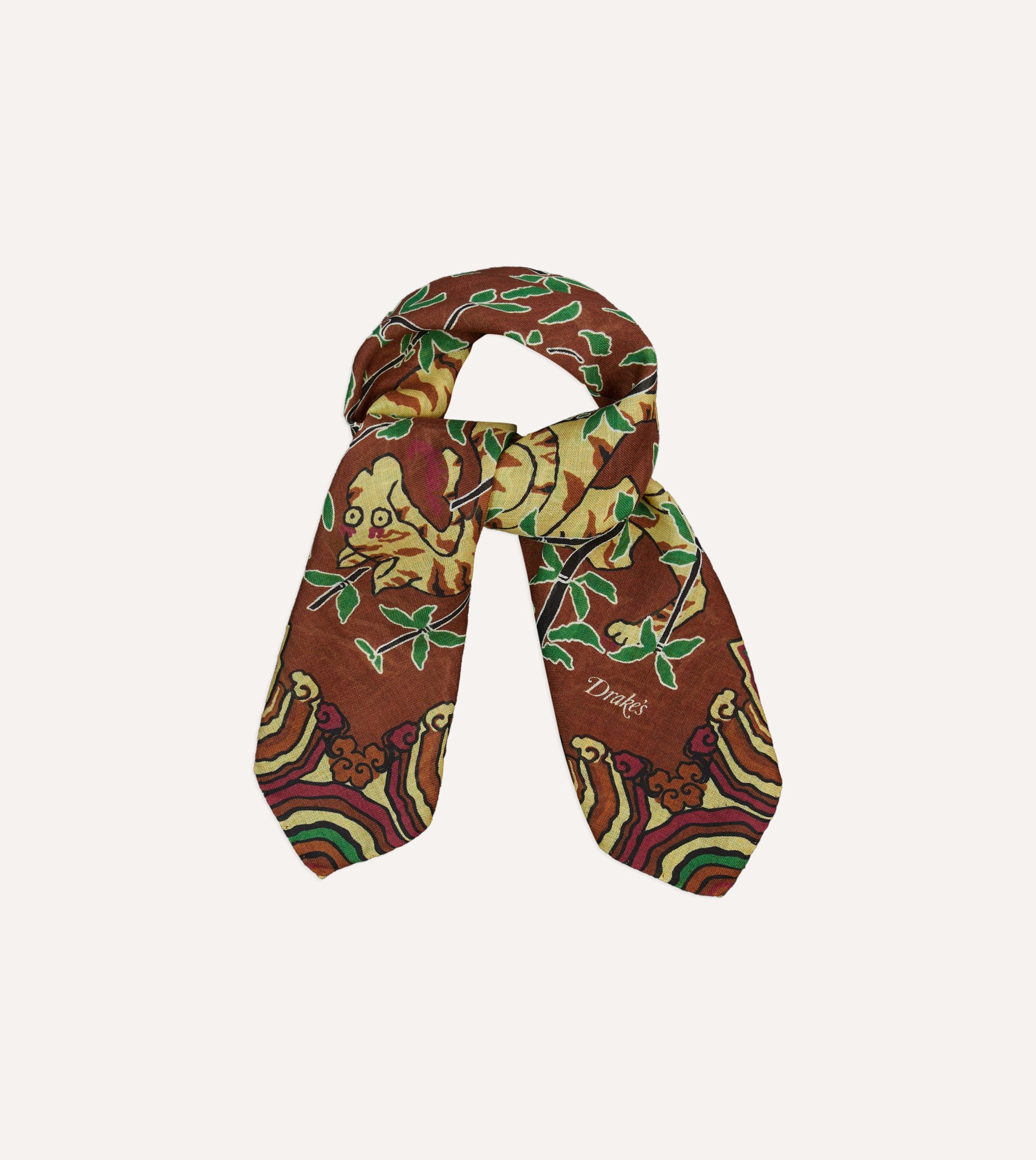 Brown Tigers Print Wool-Silk Bandana - Image 4