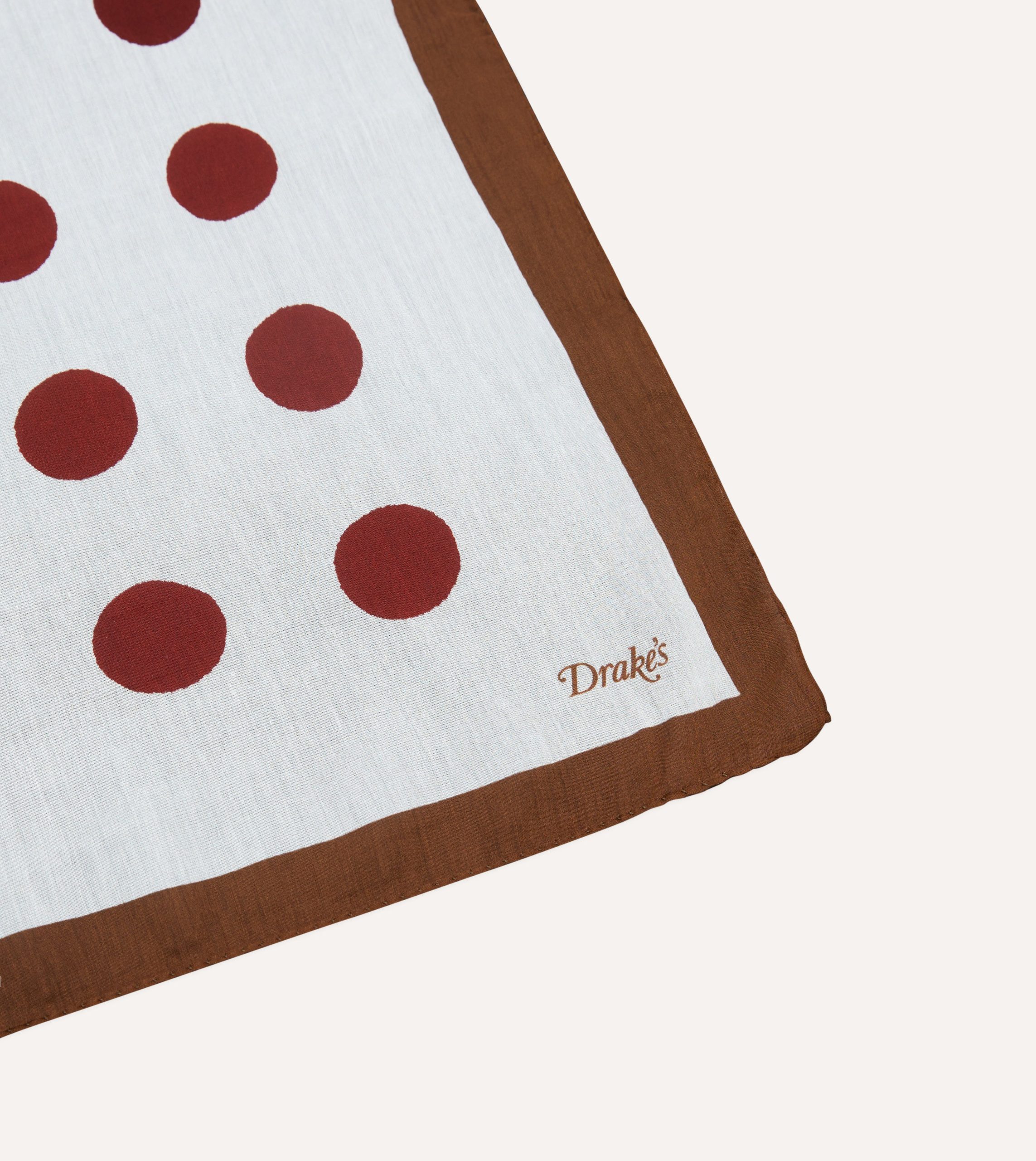 Brown. Ecru and Red Large Spots Print Cotton-Silk Pocket Square - Image 3