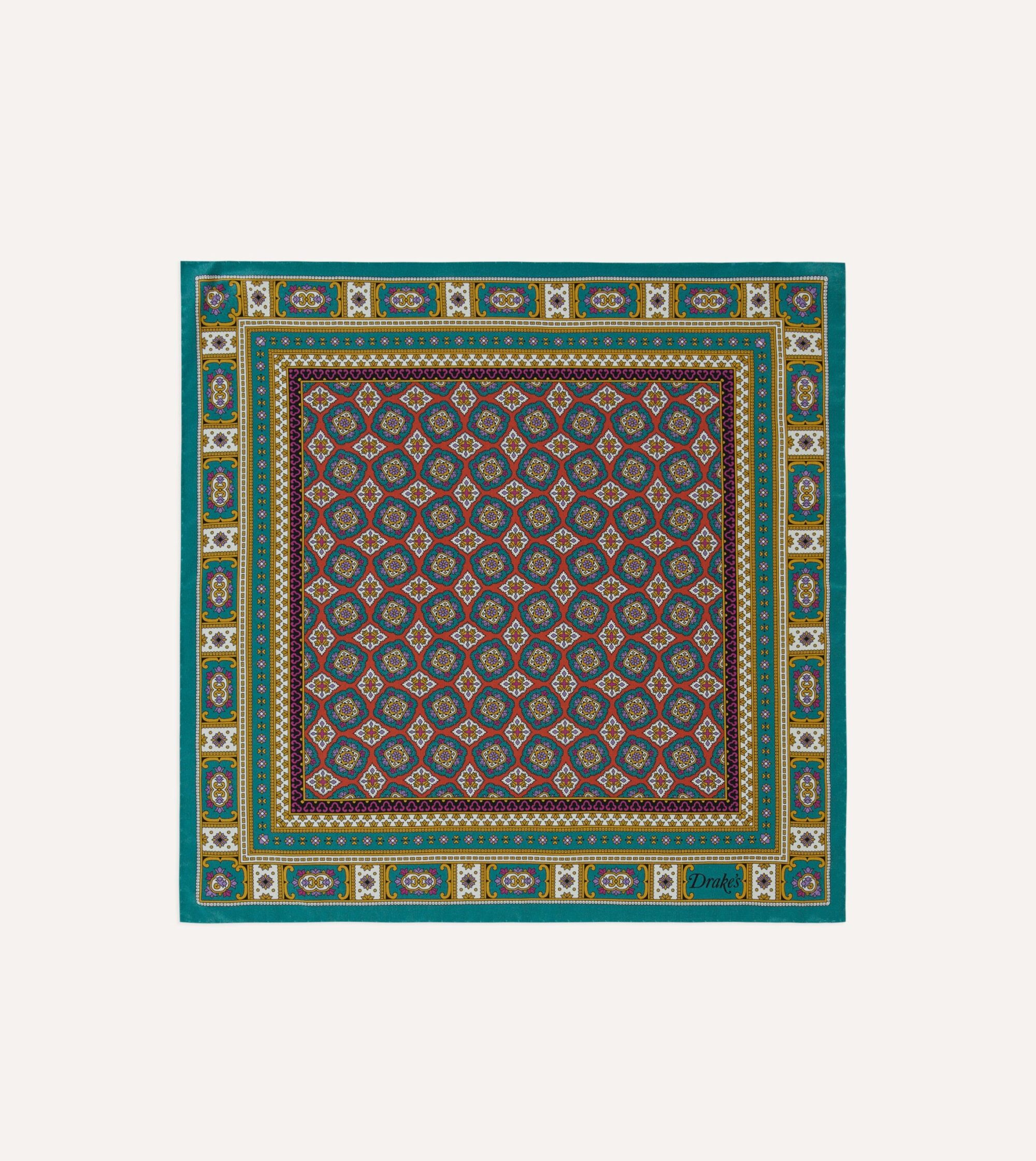 Green. Red and Gold Floral Medallion Print Silk Pocket Square