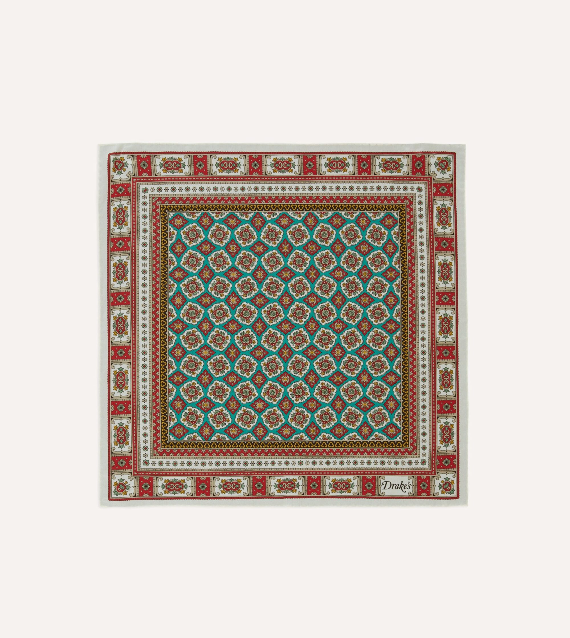 Ecru. Red and Gold Floral Medallion Print Silk Pocket Square