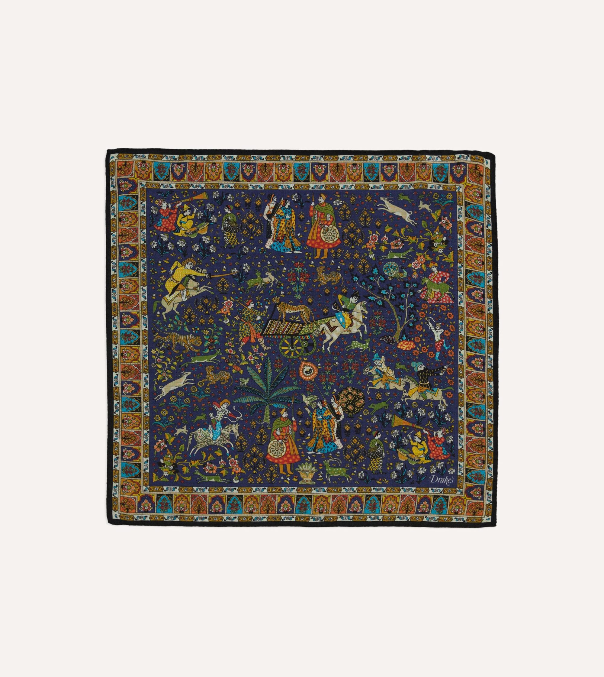 Navy Mughal Print Wool-Silk Pocket Square