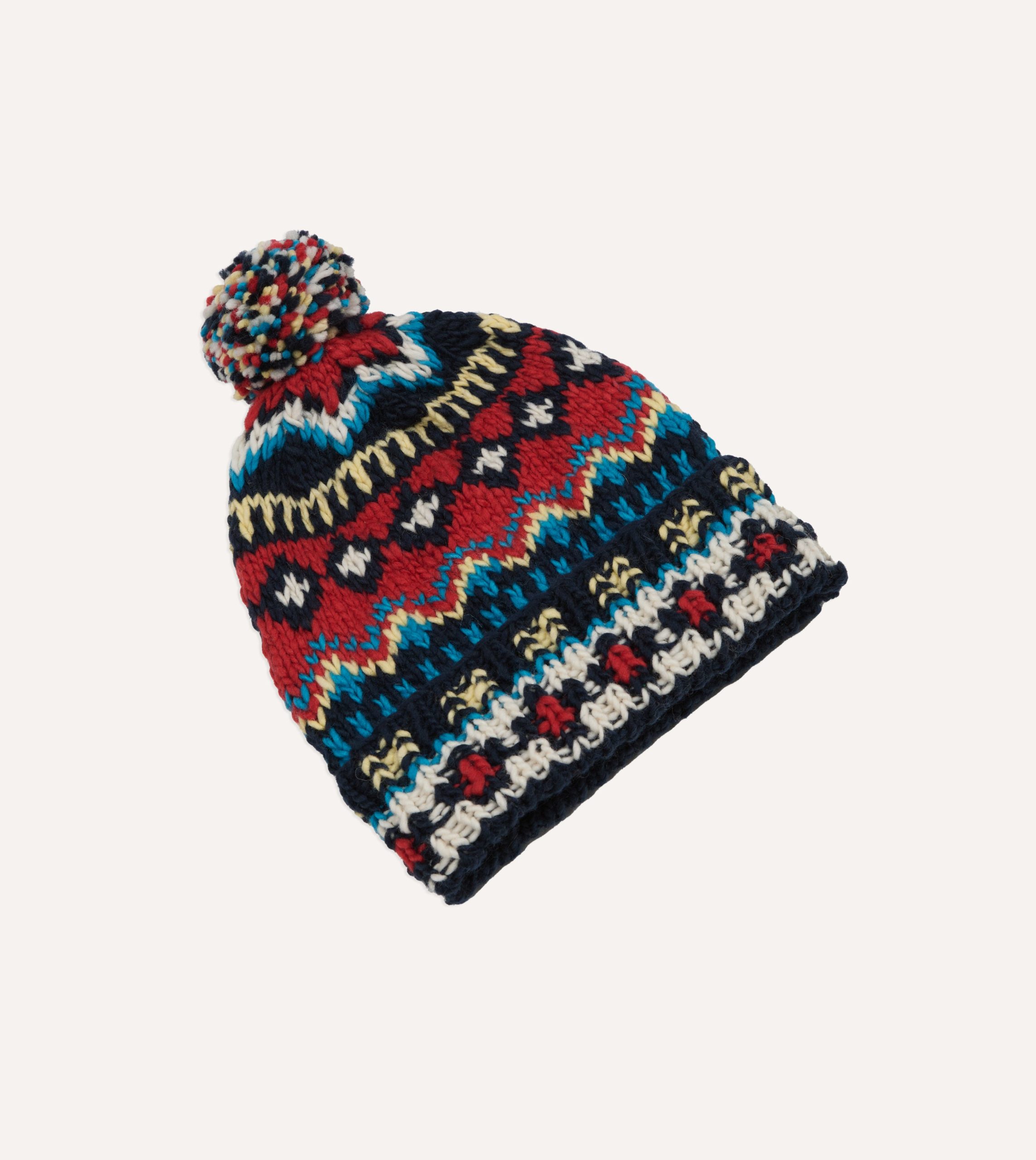 Chamula Navy. Orange and Yellow Fairisle Merino Knit Cap - Image 3