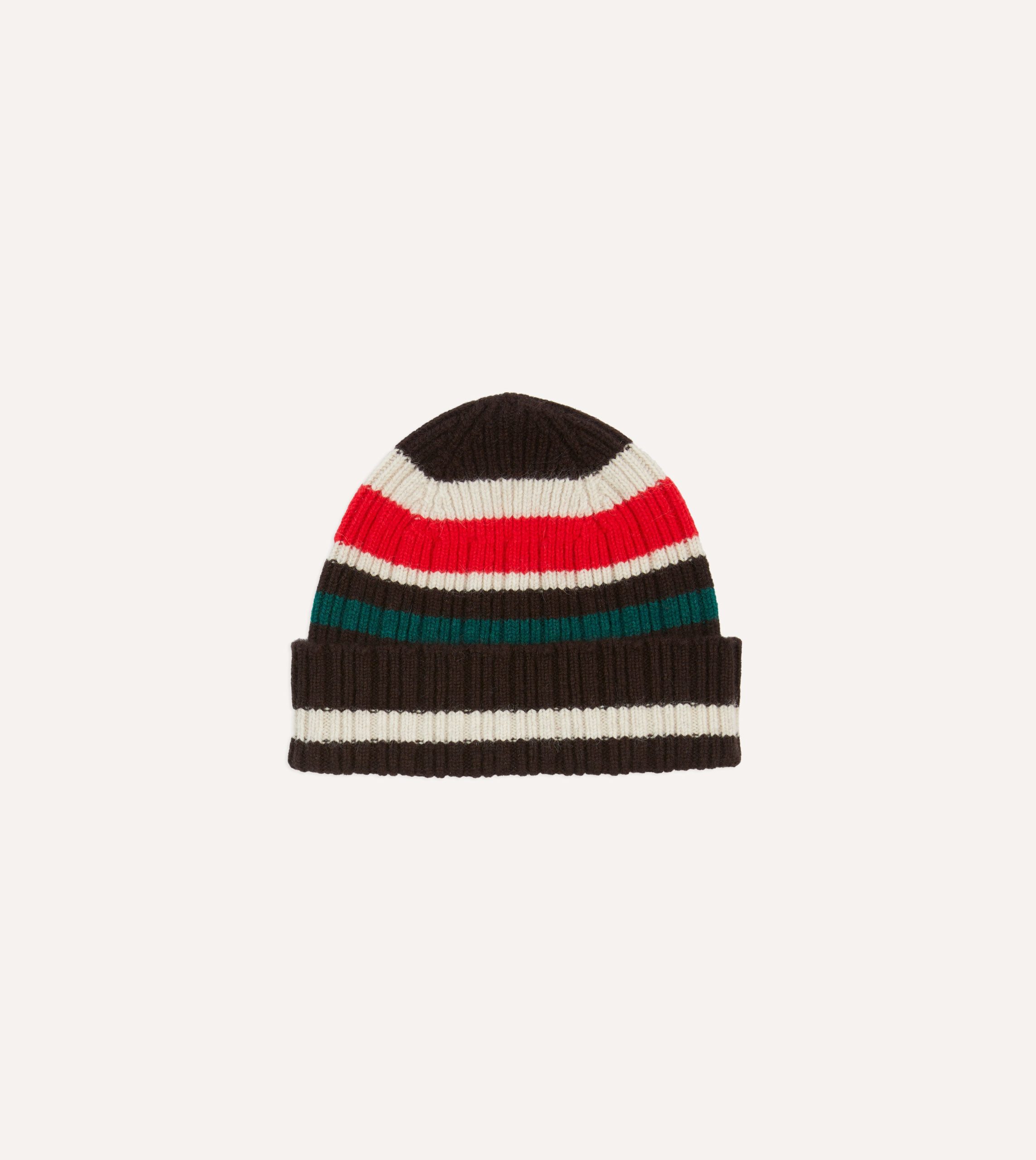 Brown. Ecru and Red Multi Stripe Geelongora Ribbed Knit Cap