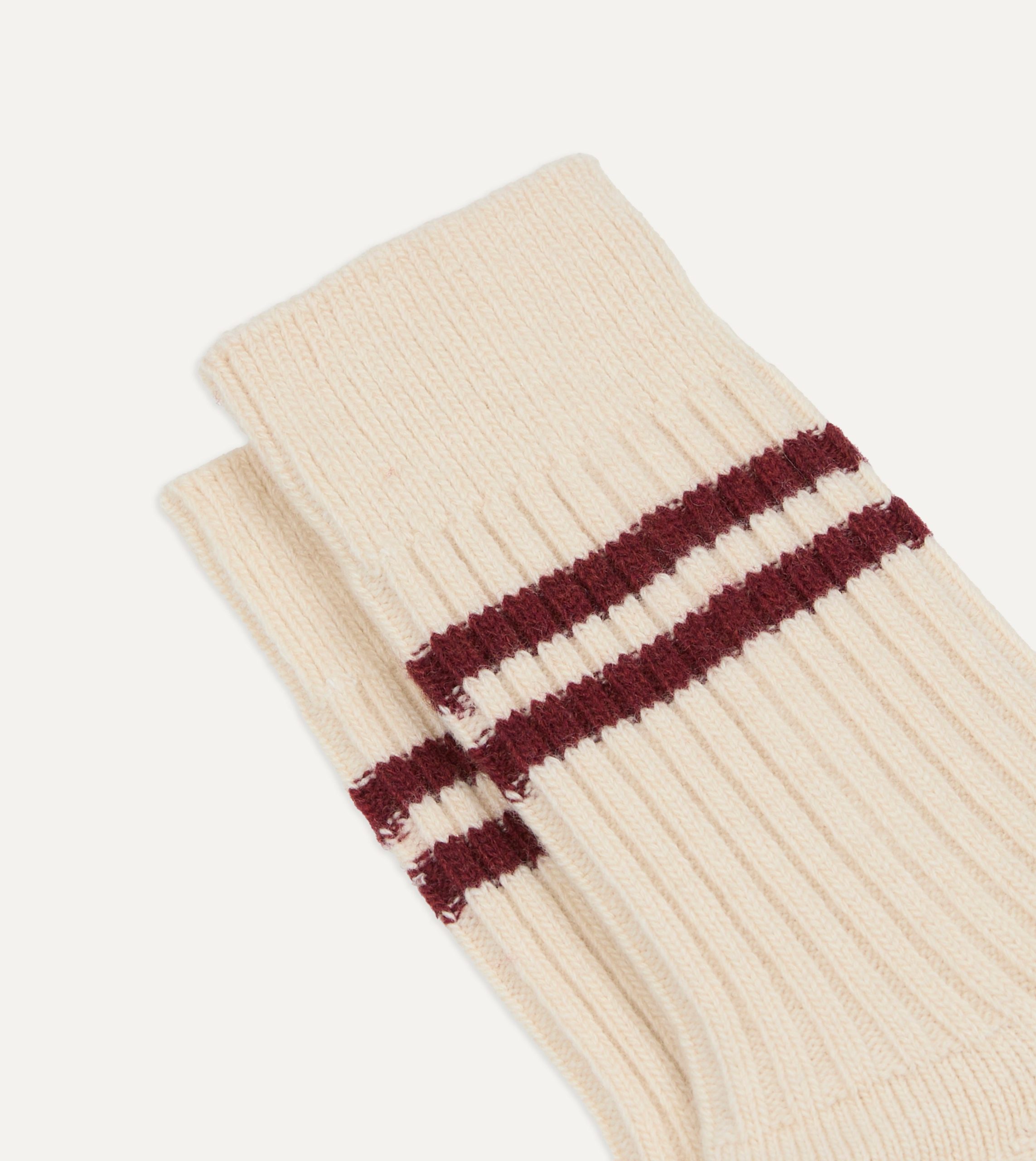 RoToTo Ecru and Red Merino Lambswool Stripe Socks - Image 3