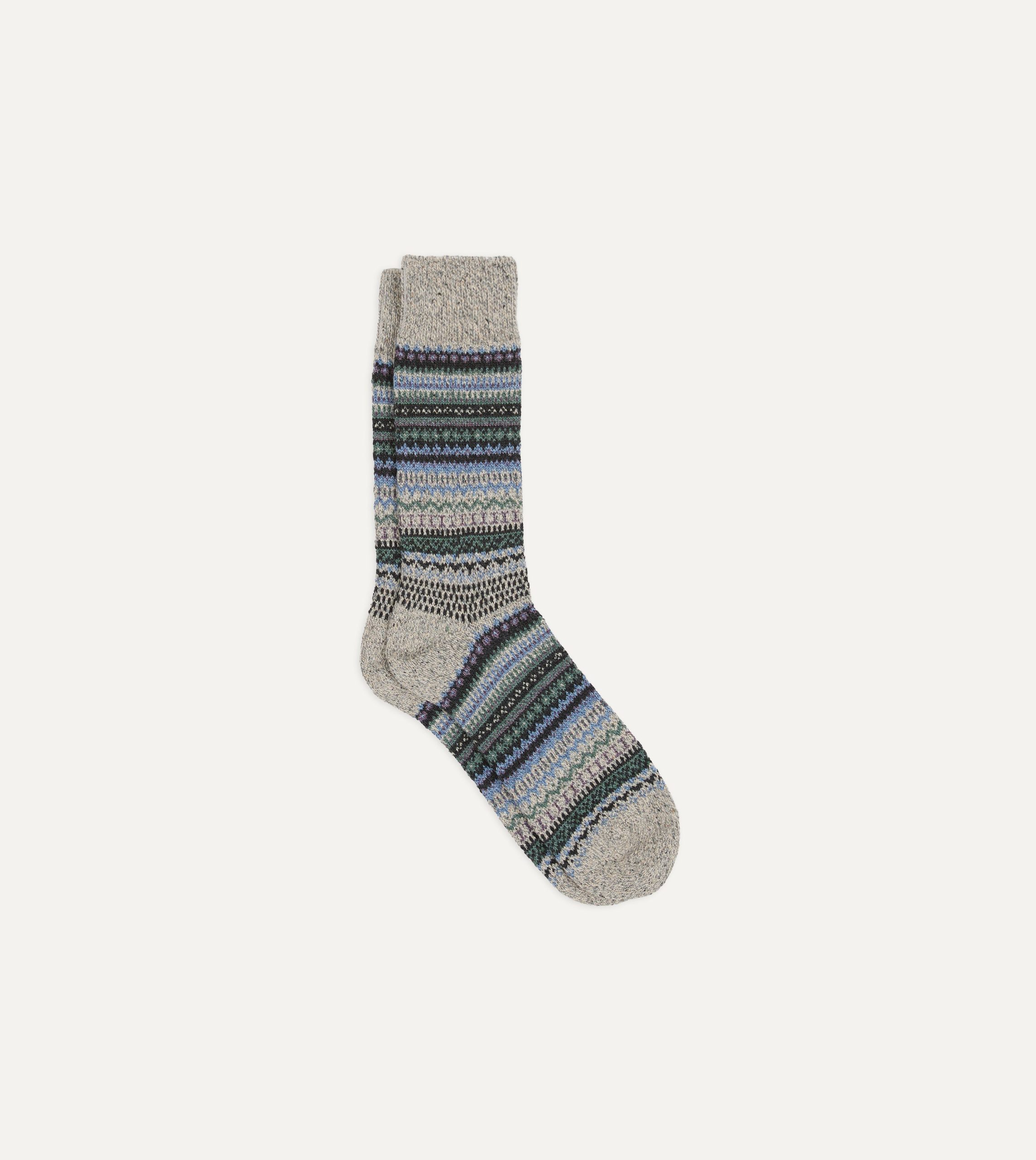 RoToTo Grey and Blue Wool Nordic Pattern Socks
