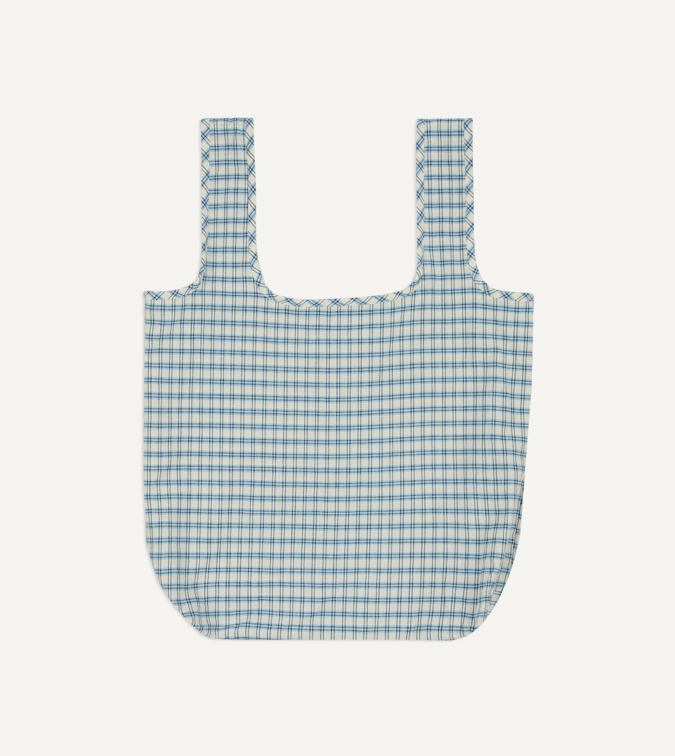 Blue and White Madras Check Cotton Market Tote Bag - Image 3