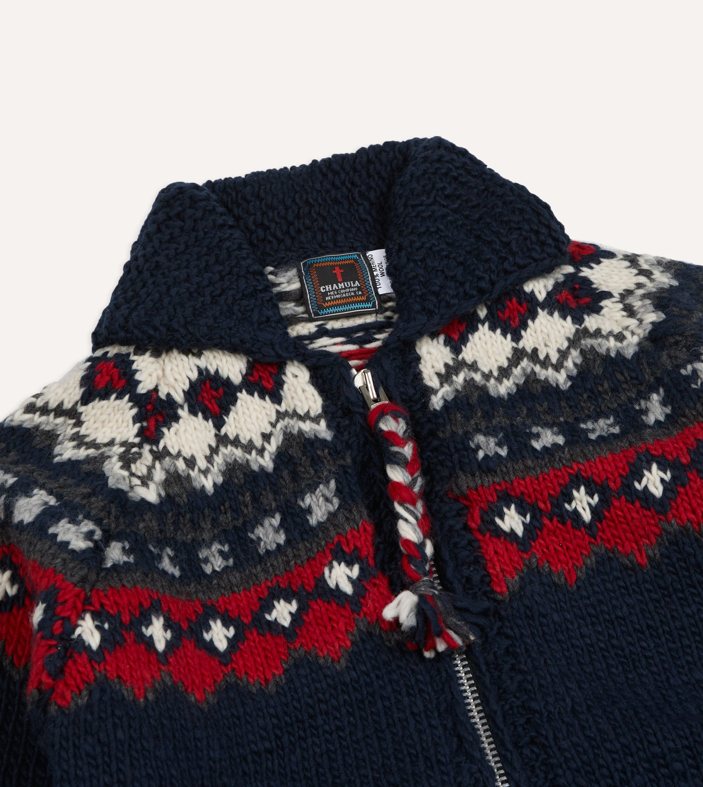 Chamula Navy and Red Fairisle Shawl Collar Cardigan - Image 3