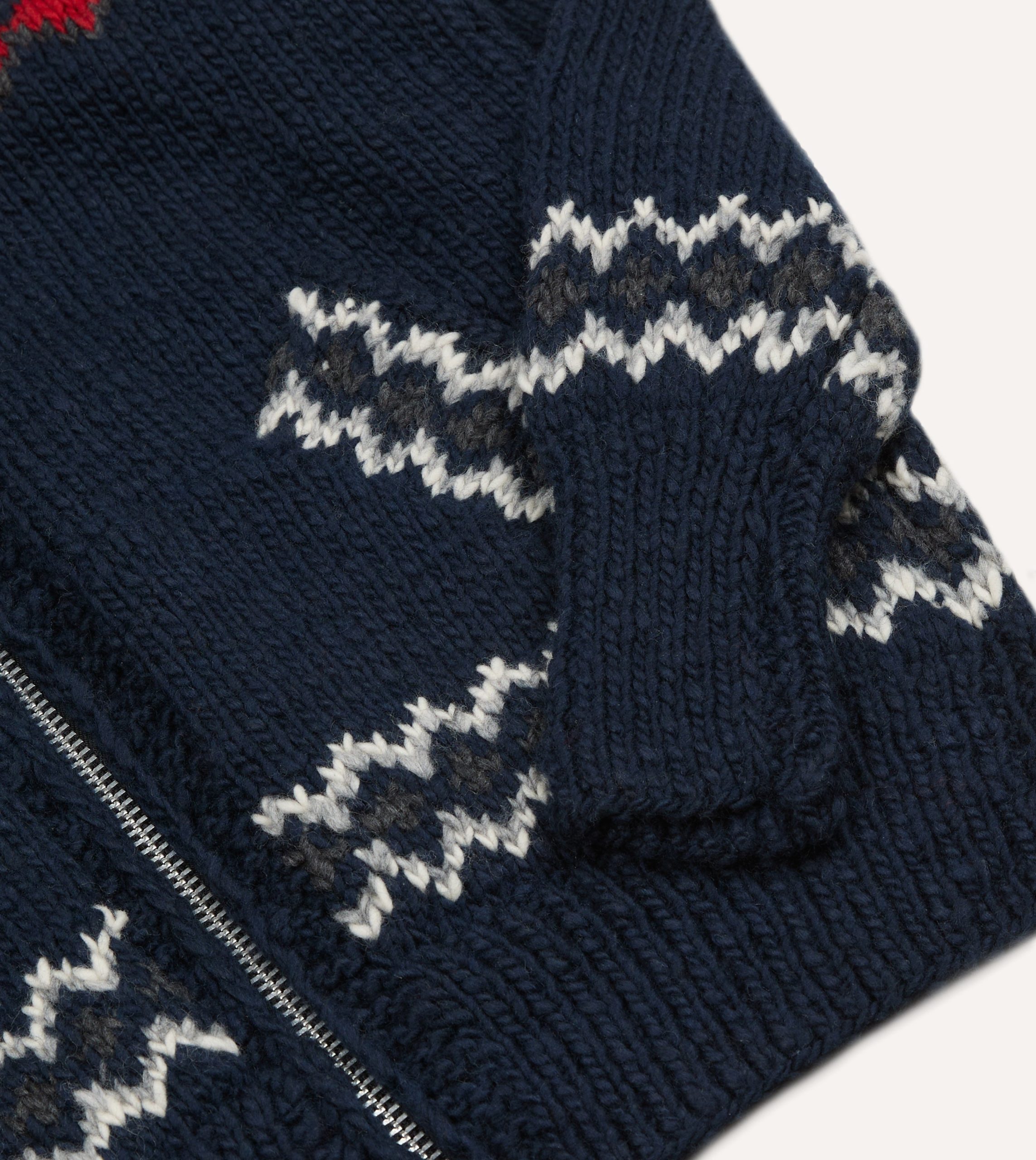 Chamula Navy and Red Fairisle Shawl Collar Cardigan - Image 4