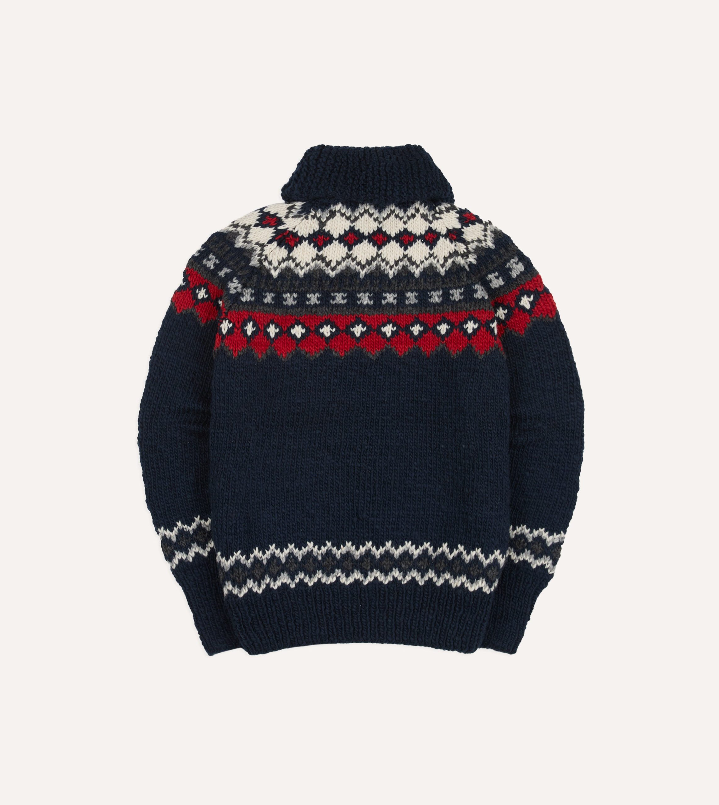 Chamula Navy and Red Fairisle Shawl Collar Cardigan - Image 5