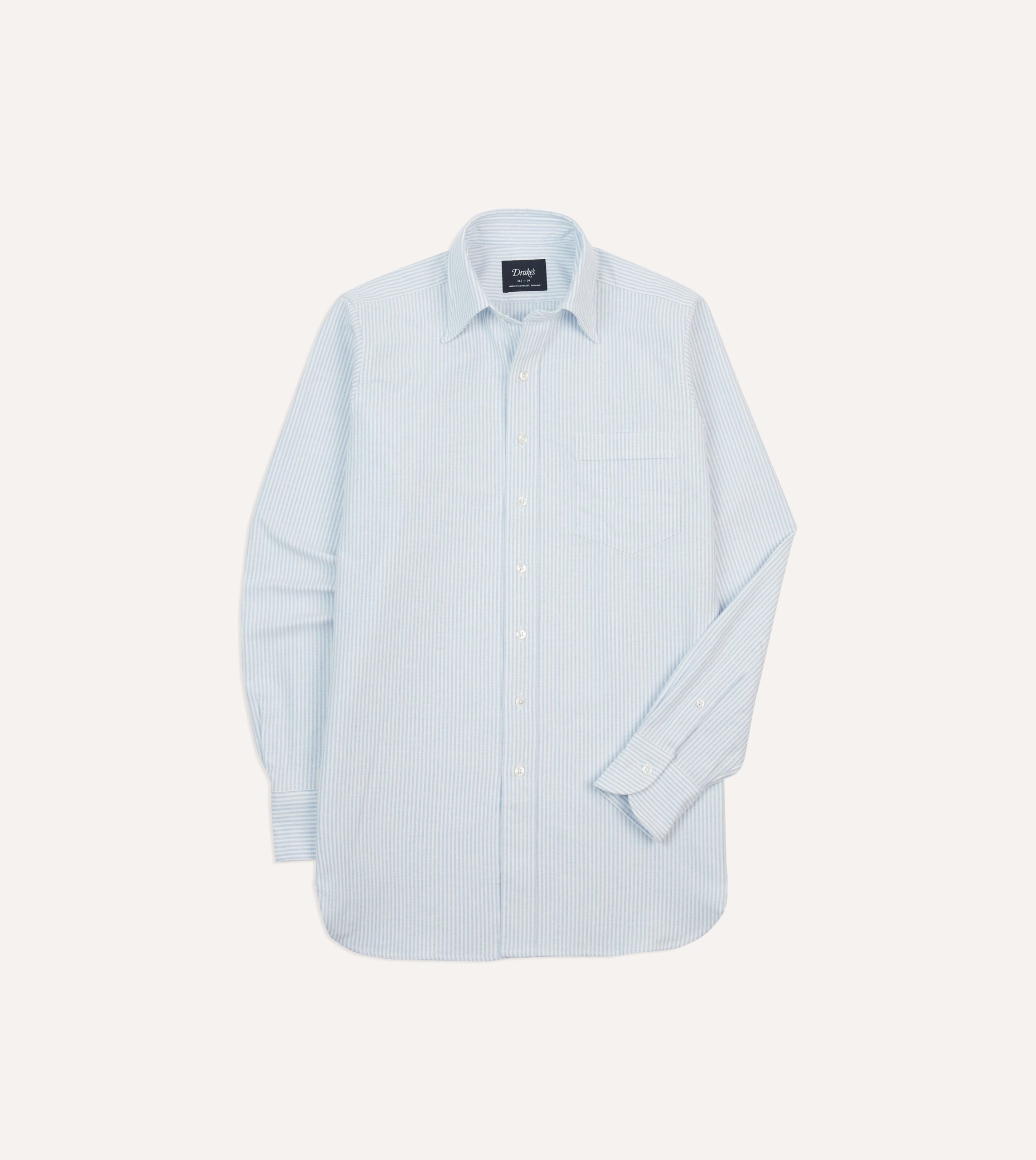 Light Blue and White Ticking Stripe Cotton Oxford Cloth Long Point Collar Shirt