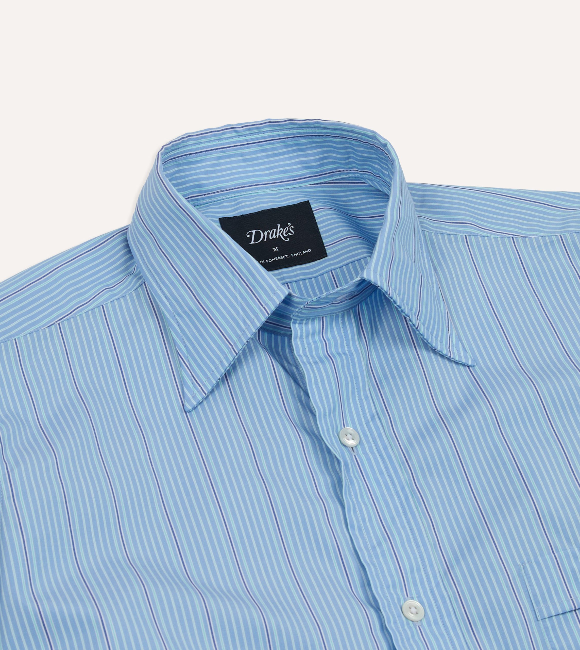 Blue Stripe Cotton Poplin Long Point Collar Shirt - Image 3