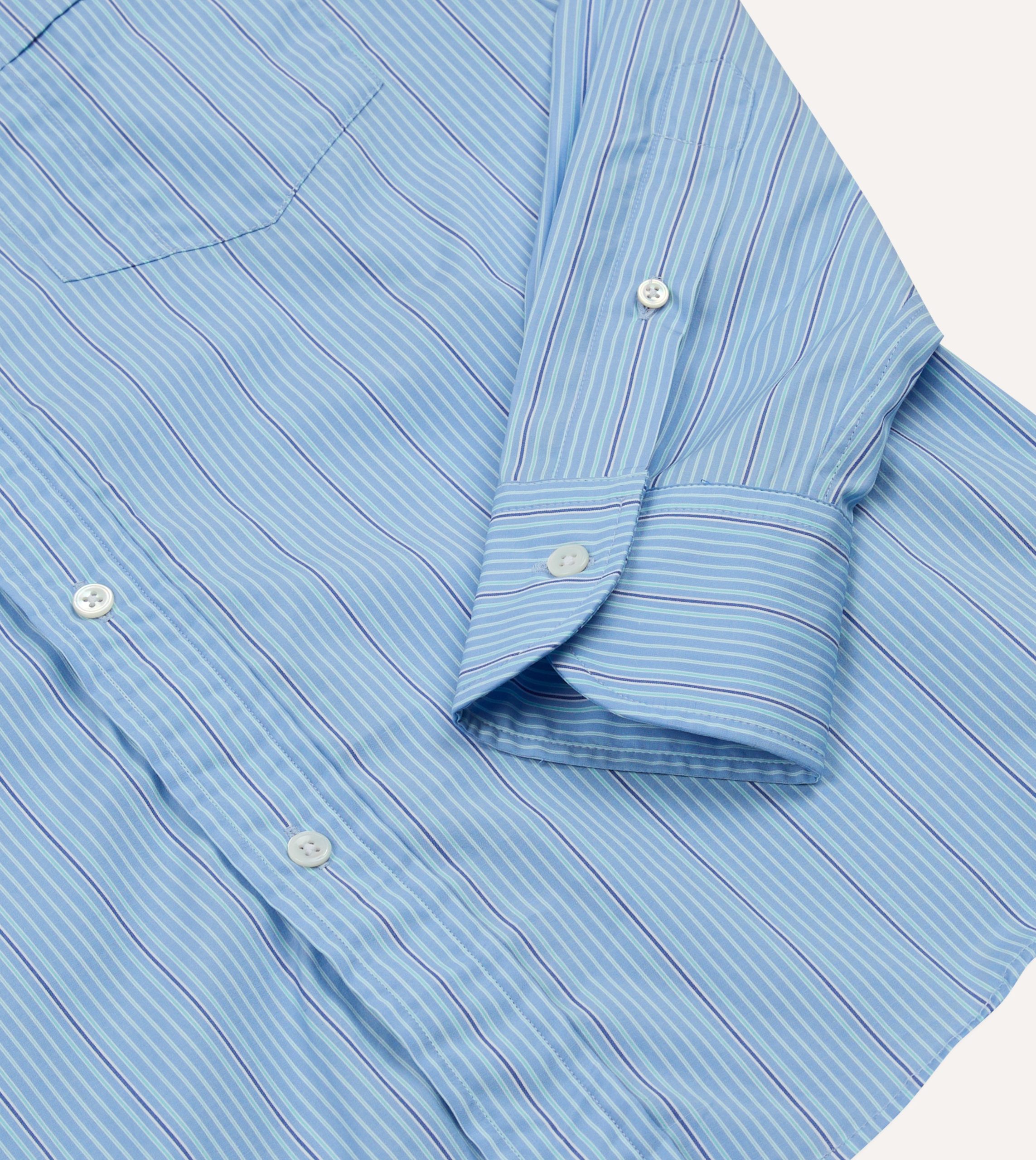 Blue Stripe Cotton Poplin Long Point Collar Shirt - Image 5