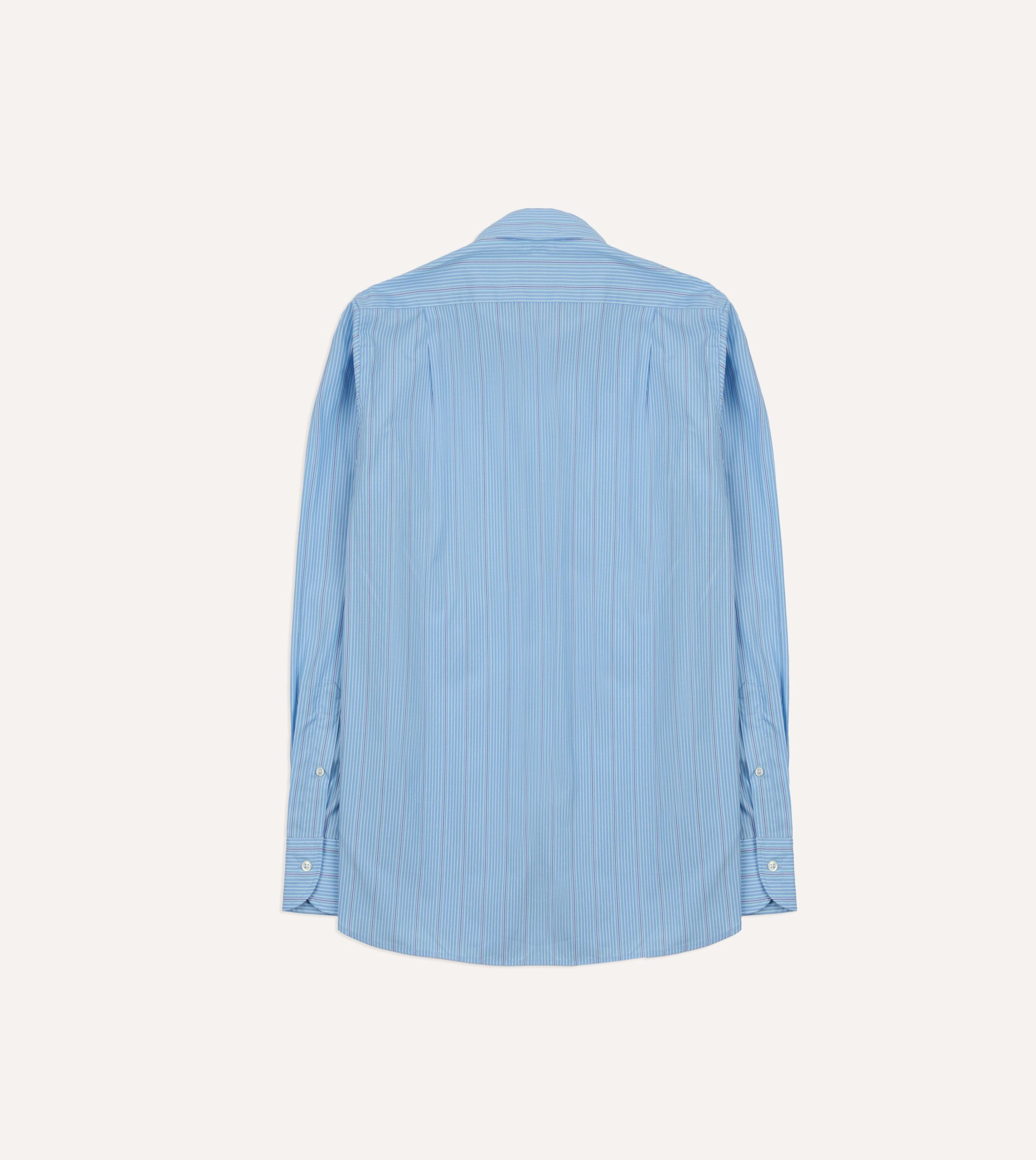 Blue Stripe Cotton Poplin Long Point Collar Shirt - Image 6