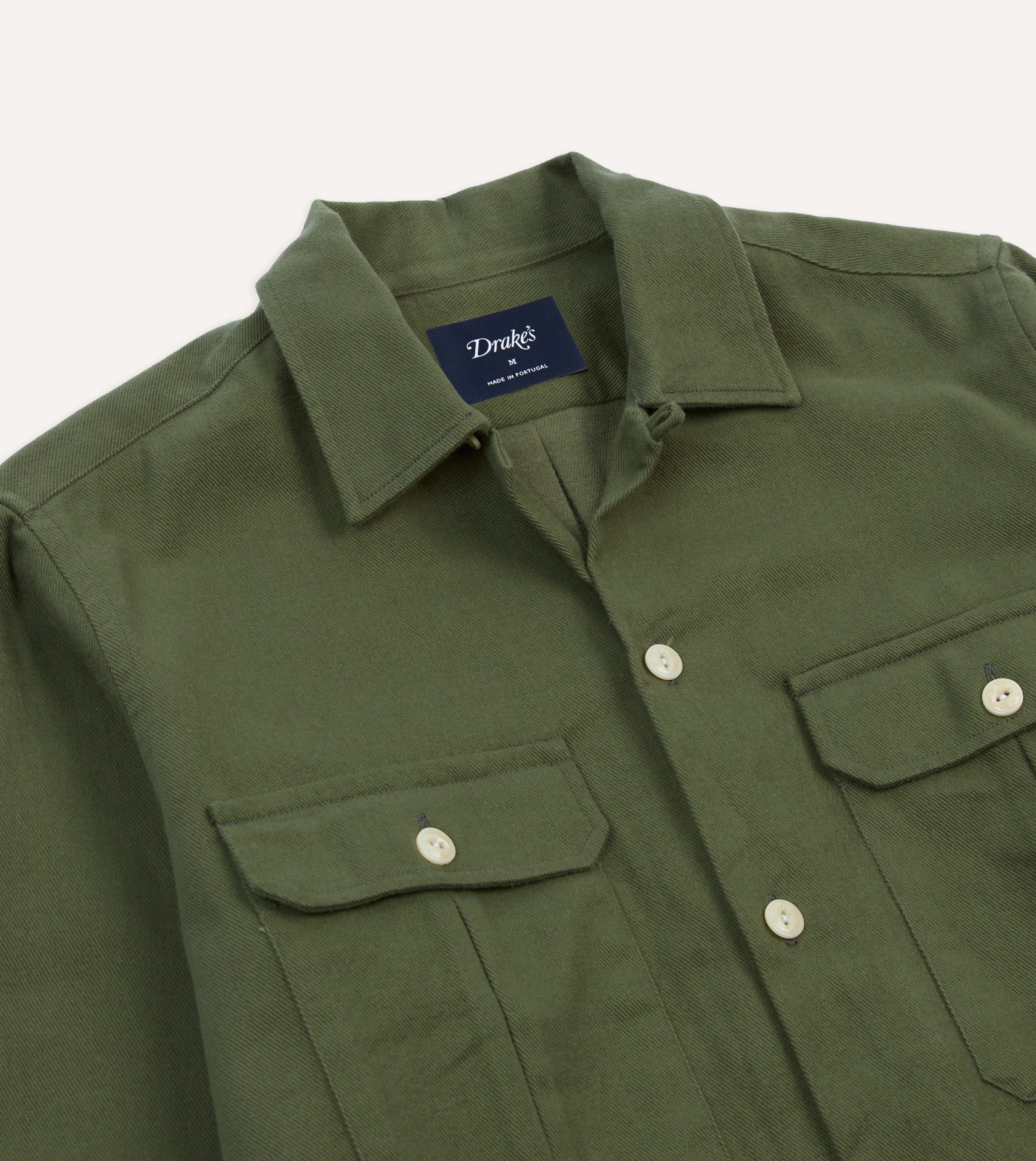 Olive Brushed Cotton Twill Two-Pocket Camp Collar Work Shirt - Image 3