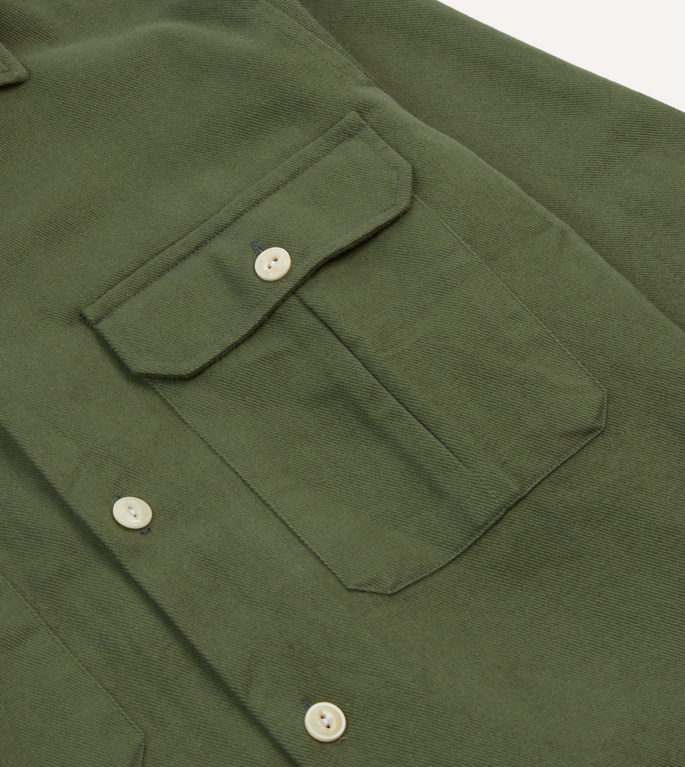Olive Brushed Cotton Twill Two-Pocket Camp Collar Work Shirt - Image 4