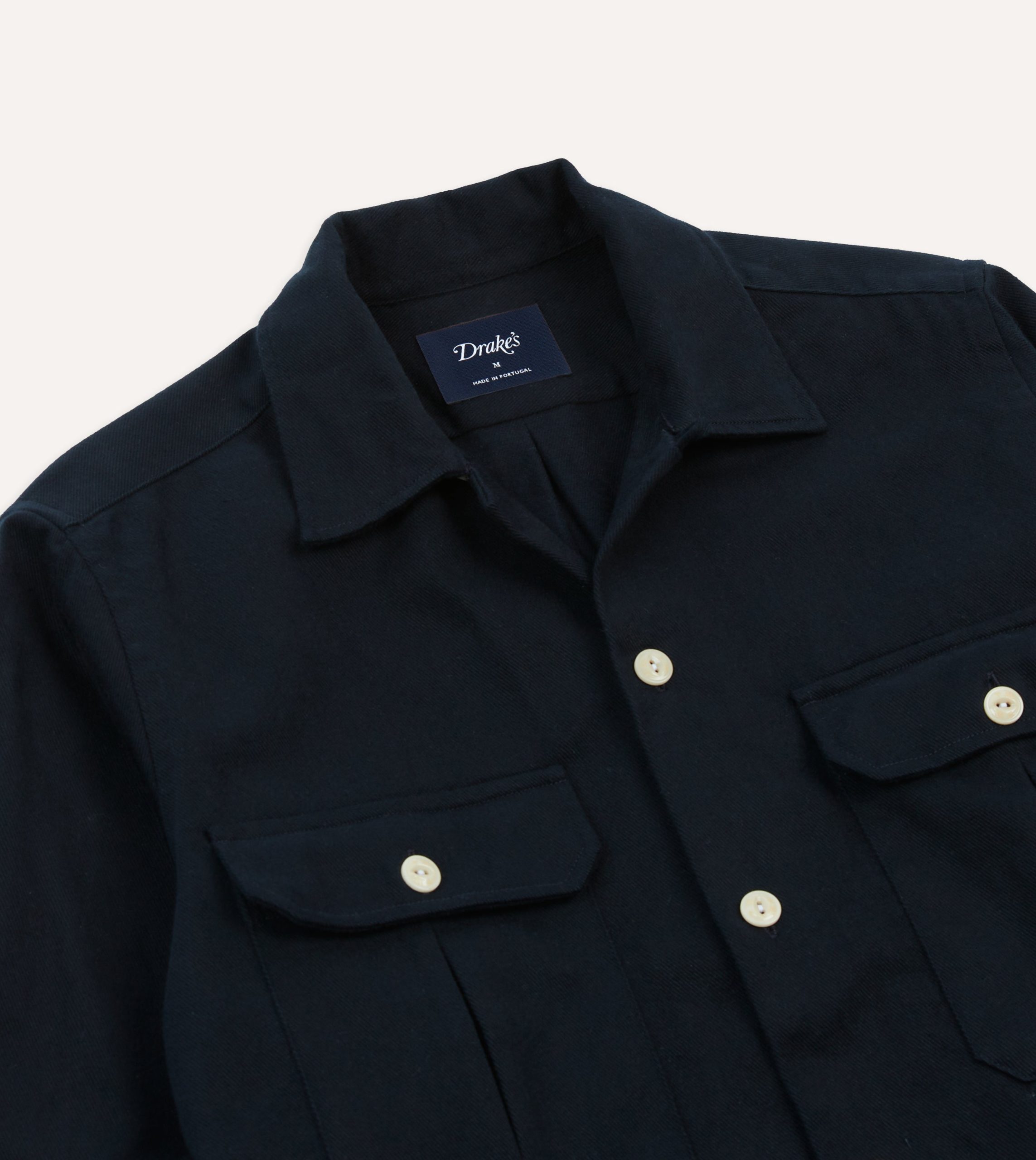 Navy Brushed Cotton Twill Two-Pocket Camp Collar Work Shirt - Image 3