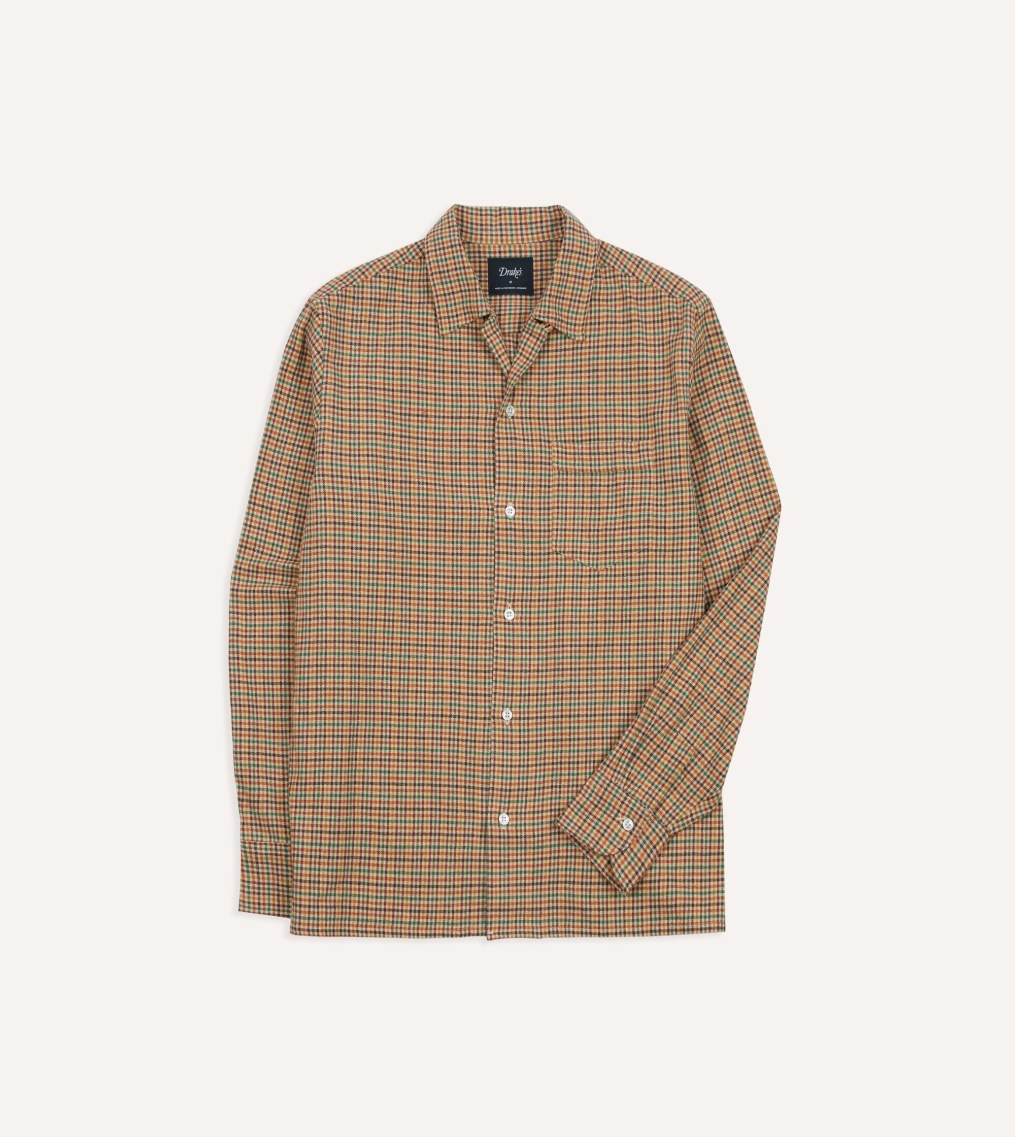 Brown and Green Check Brushed Cotton Twill Camp Collar Long Sleeve Shirt