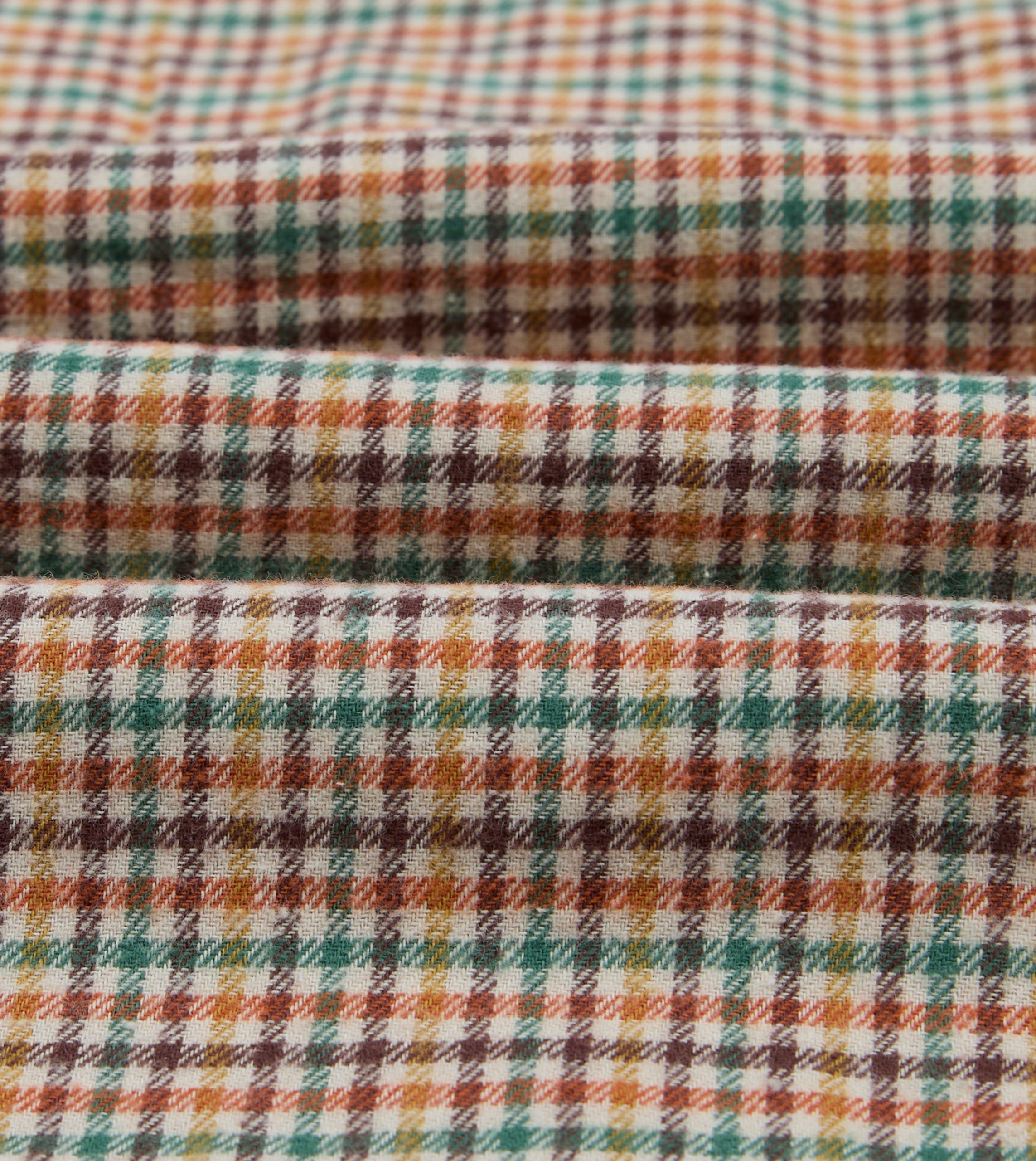 Brown and Green Check Brushed Cotton Twill Camp Collar Long Sleeve Shirt - Image 2