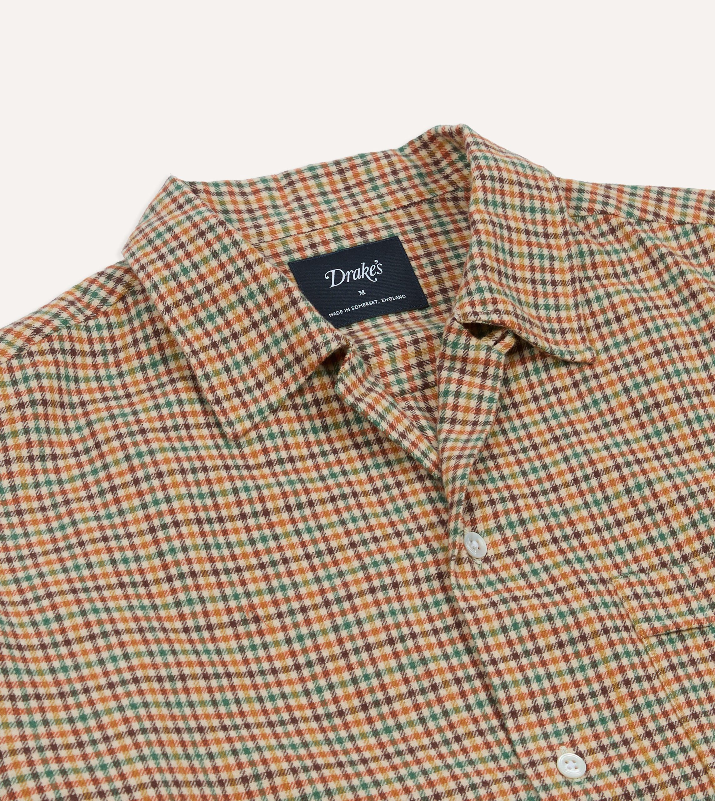 Brown and Green Check Brushed Cotton Twill Camp Collar Long Sleeve Shirt - Image 3