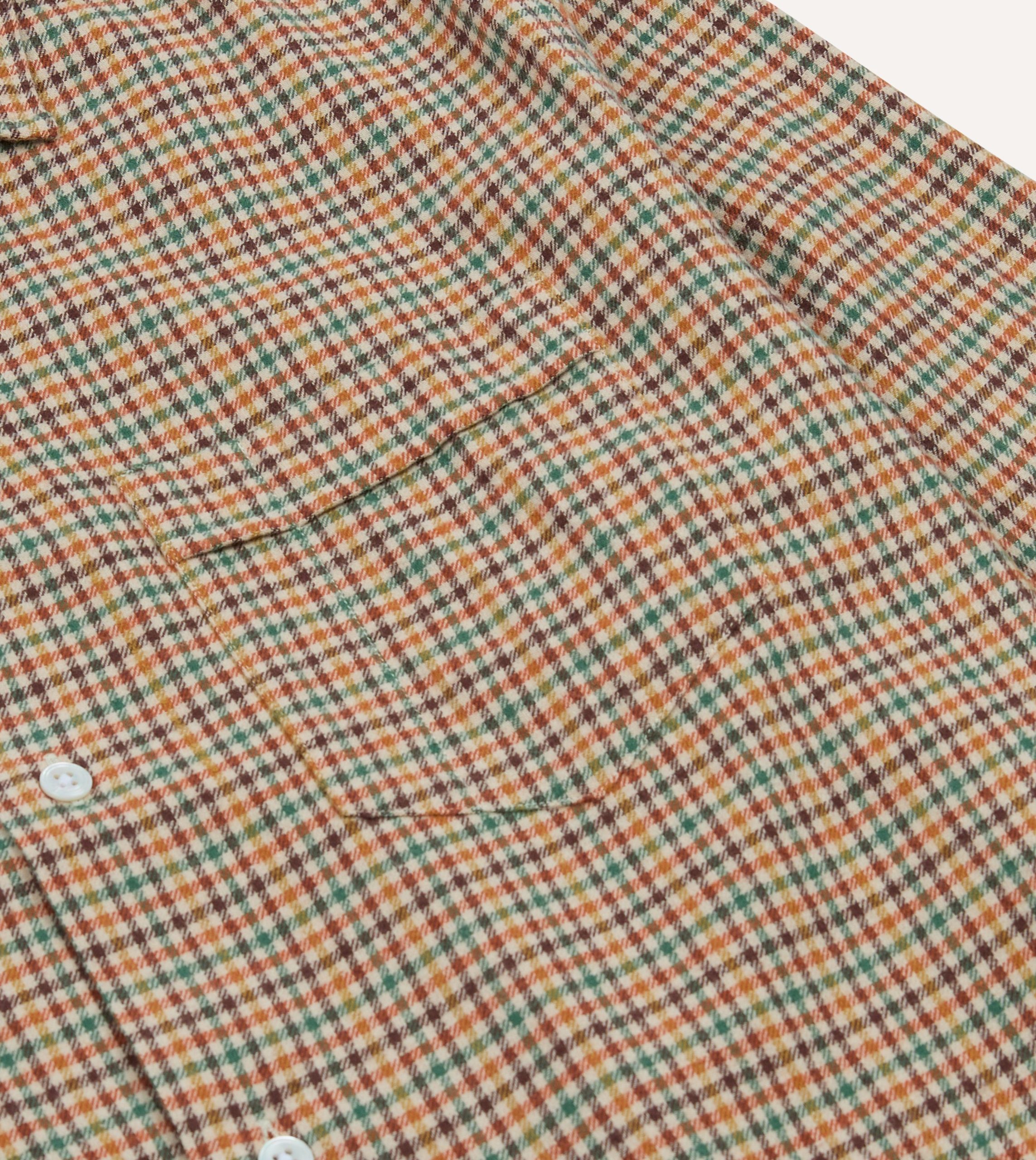 Brown and Green Check Brushed Cotton Twill Camp Collar Long Sleeve Shirt - Image 4