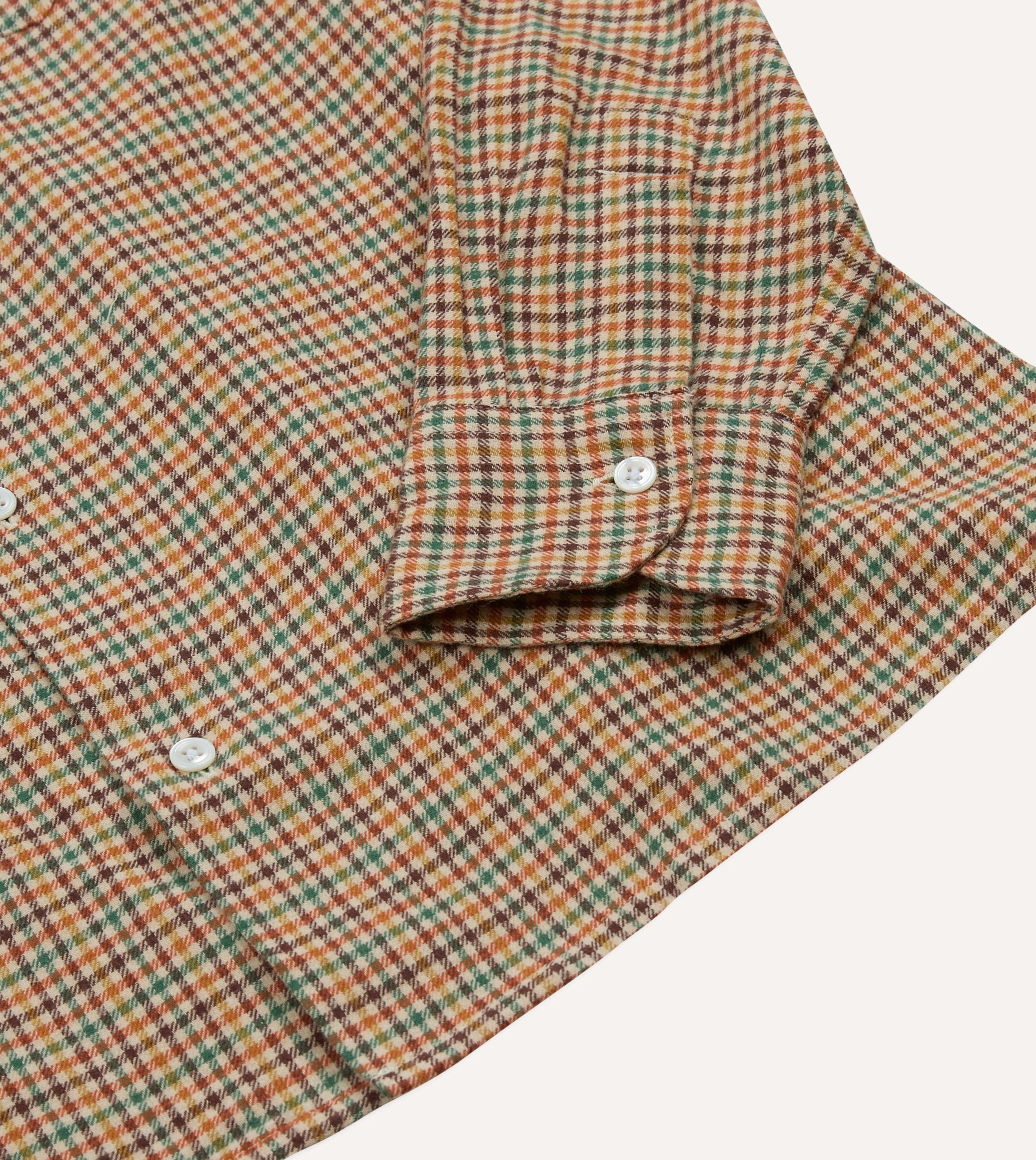Brown and Green Check Brushed Cotton Twill Camp Collar Long Sleeve Shirt - Image 5
