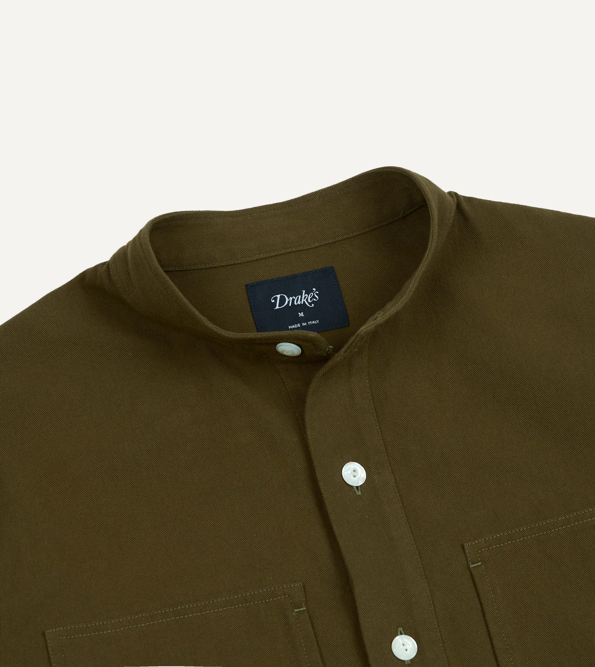 Khaki Cotton Mandarin Collar Popover Shirt - Image 3