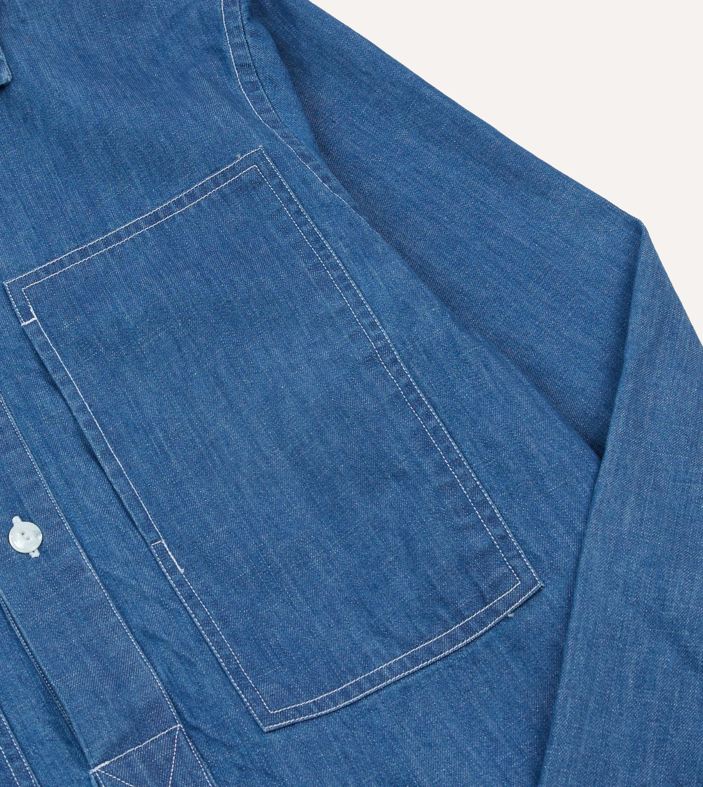Blue Denim Spread Collar Popover Shirt - Image 4