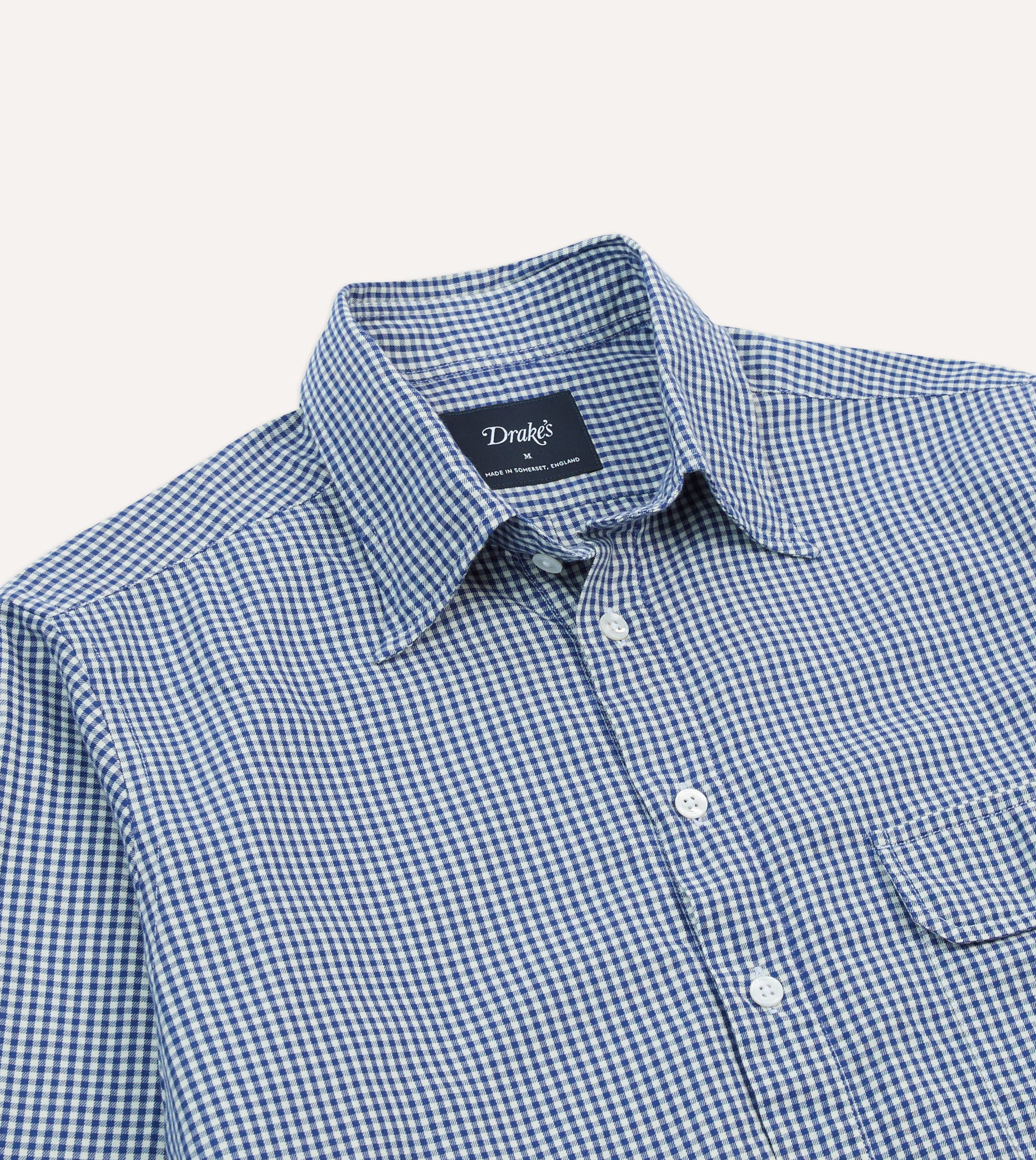 Blue Gingham Brushed Cotton Long Point Collar Popover Shirt - Image 3