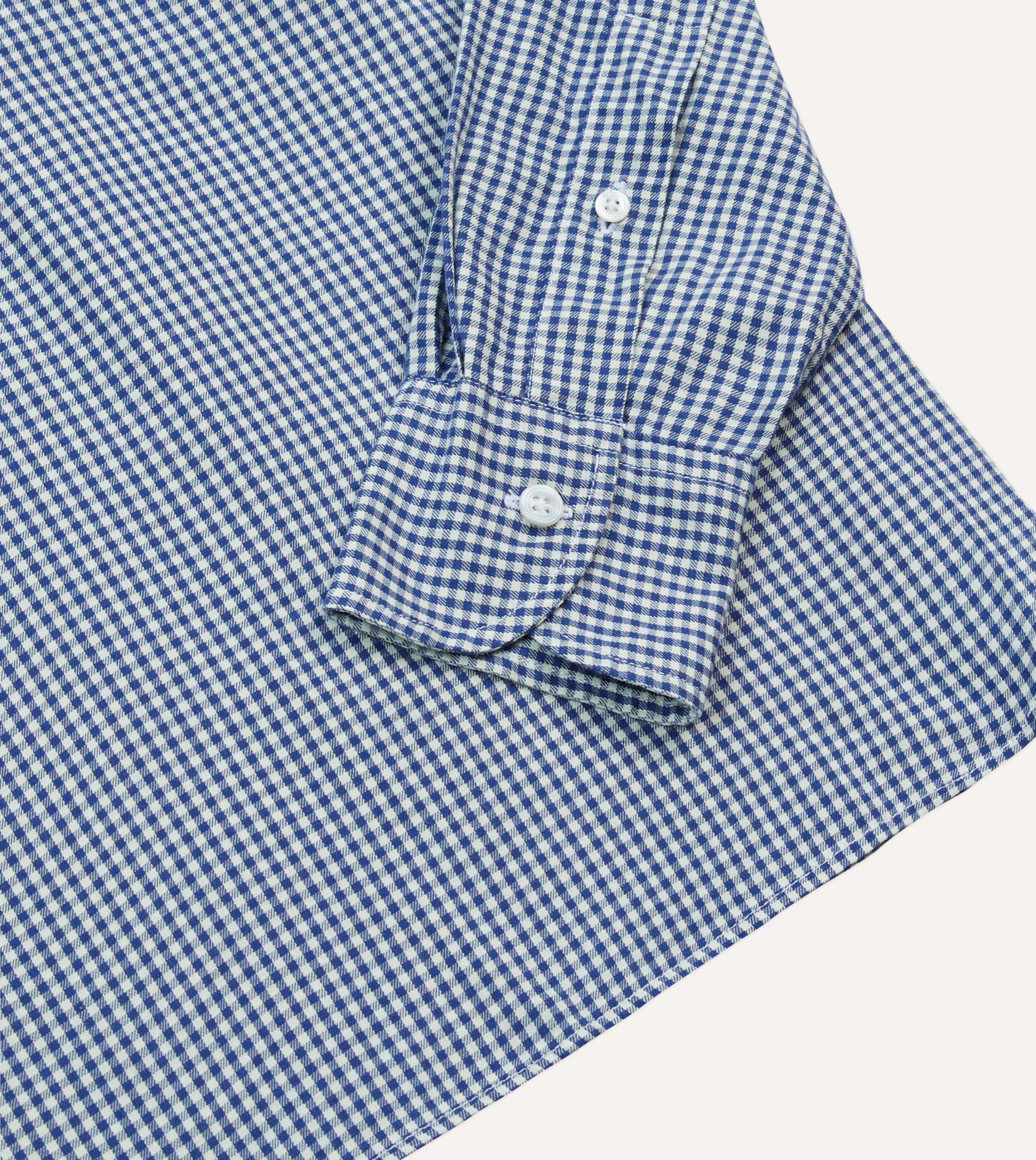 Blue Gingham Brushed Cotton Long Point Collar Popover Shirt - Image 5