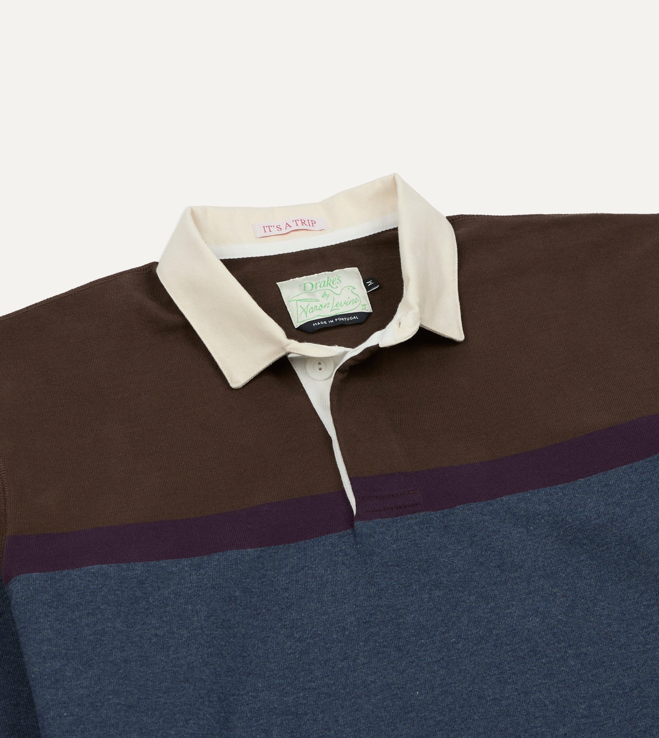 Drake's by A. Levine Brown and Blue Centre Stripe Cotton Rugby Shirt - Image 3