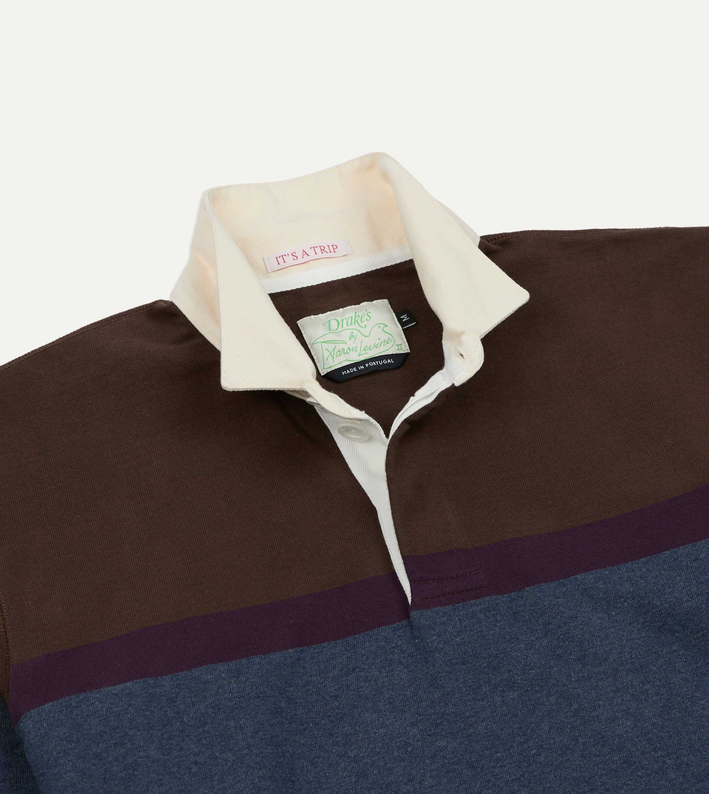 Drake's by A. Levine Brown and Blue Centre Stripe Cotton Rugby Shirt - Image 4