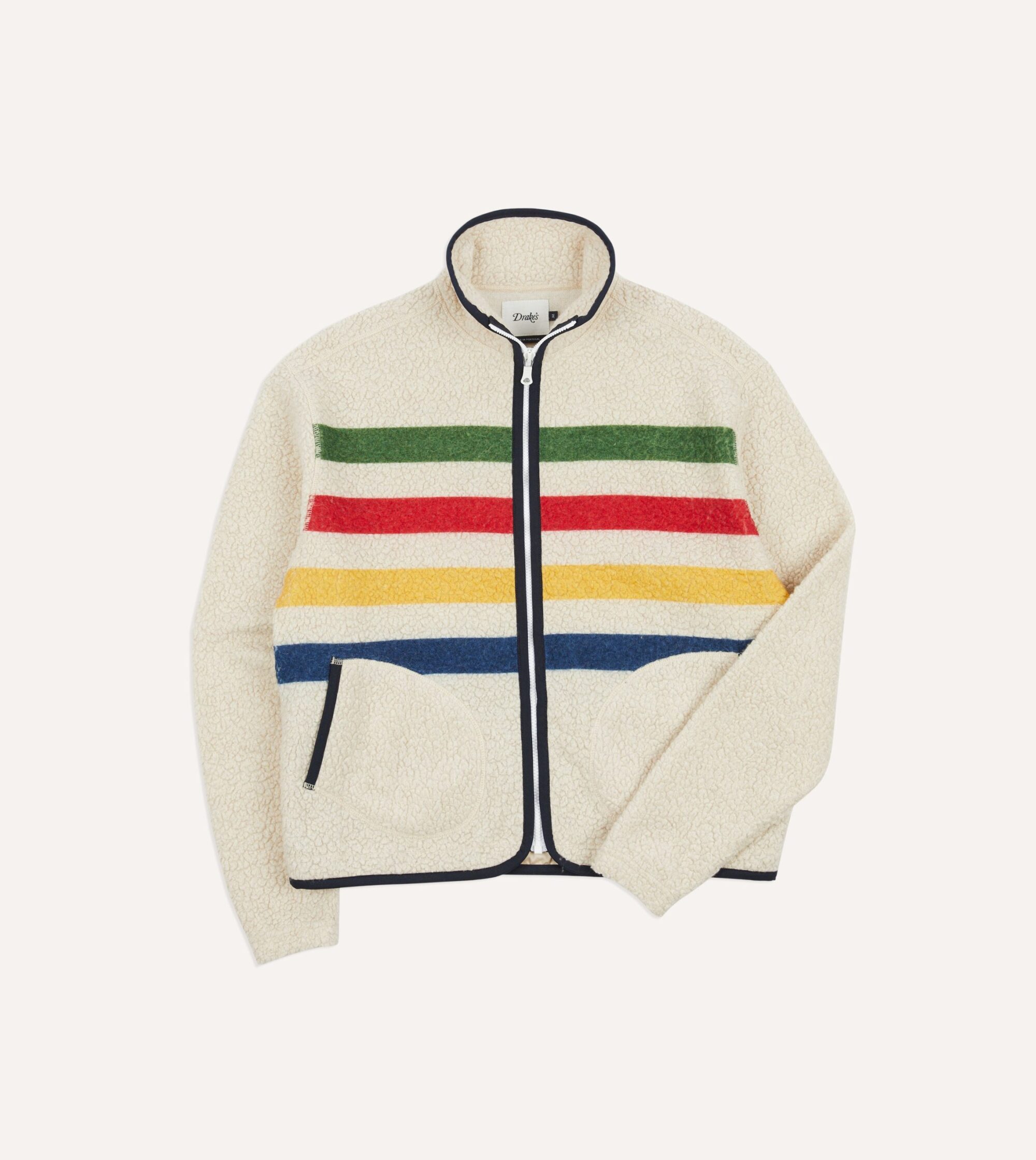 Ecru Stripe Boucle Wool Zip Fleece Jacket