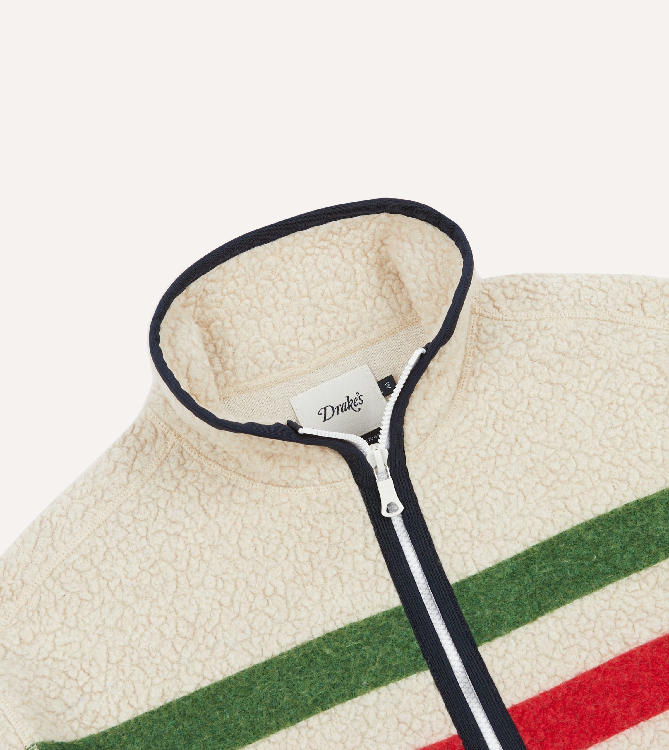 Ecru Stripe Boucle Wool Zip Fleece Jacket - Image 3